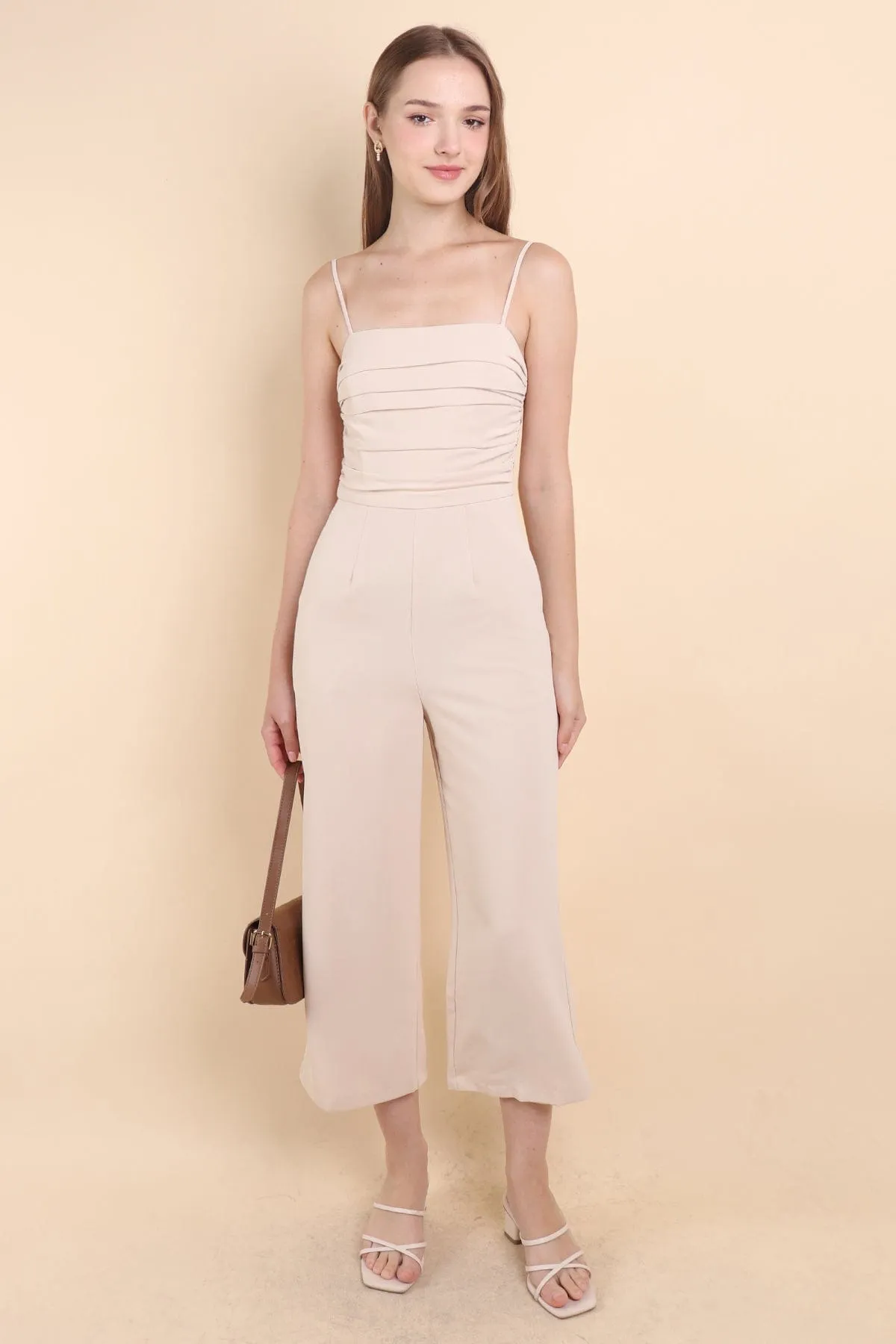 CAMRYN RUCHED JUMPSUIT ROMPER IN BEIGE ECRU