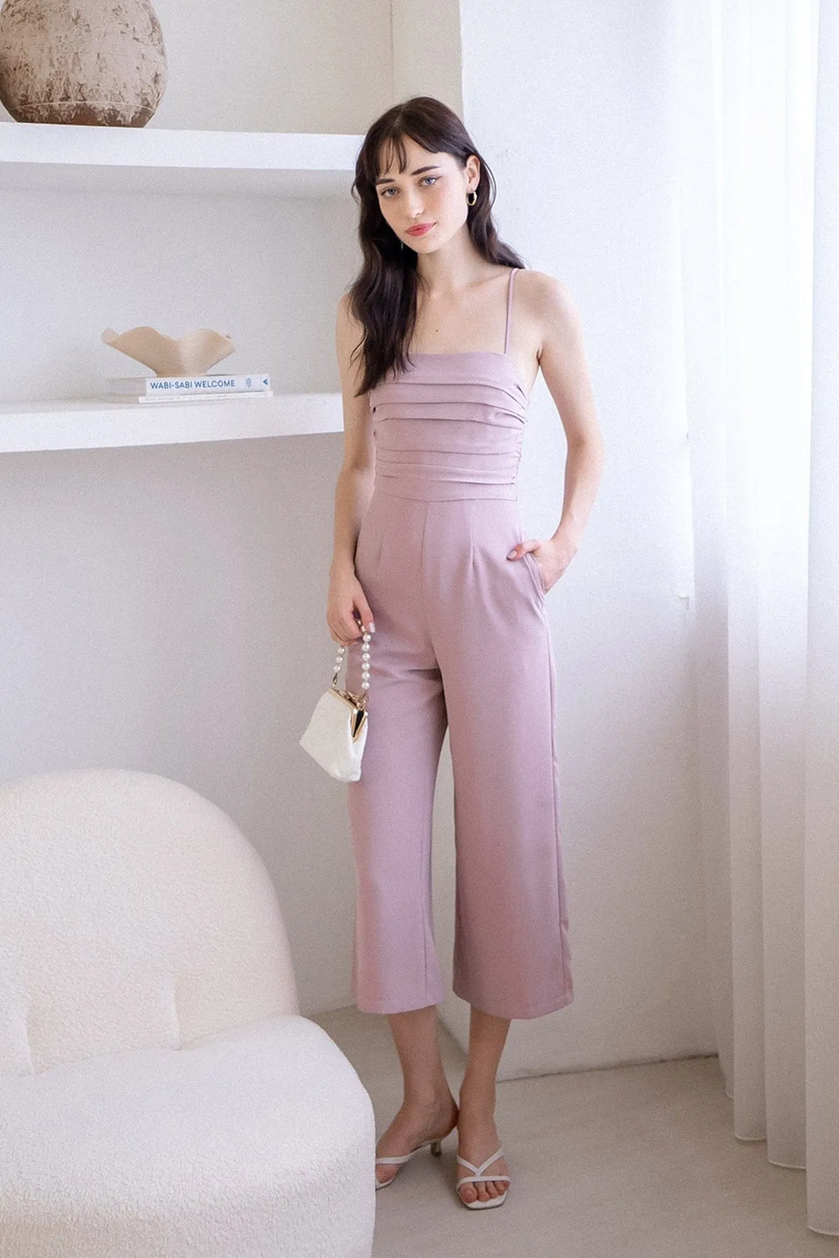 CAMRYN RUCHED JUMPSUIT ROMPER IN LILAC PINK