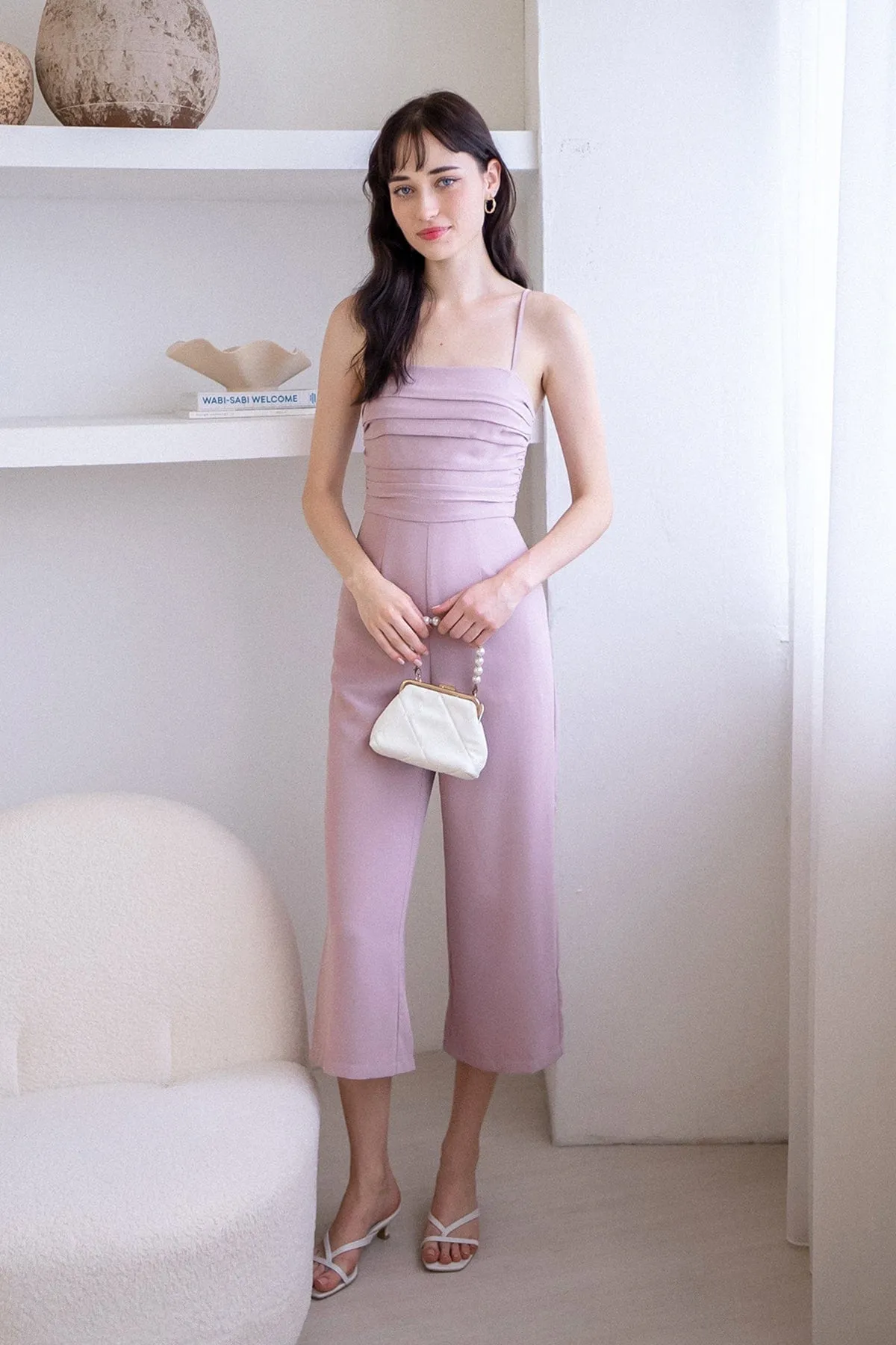 CAMRYN RUCHED JUMPSUIT ROMPER IN LILAC PINK