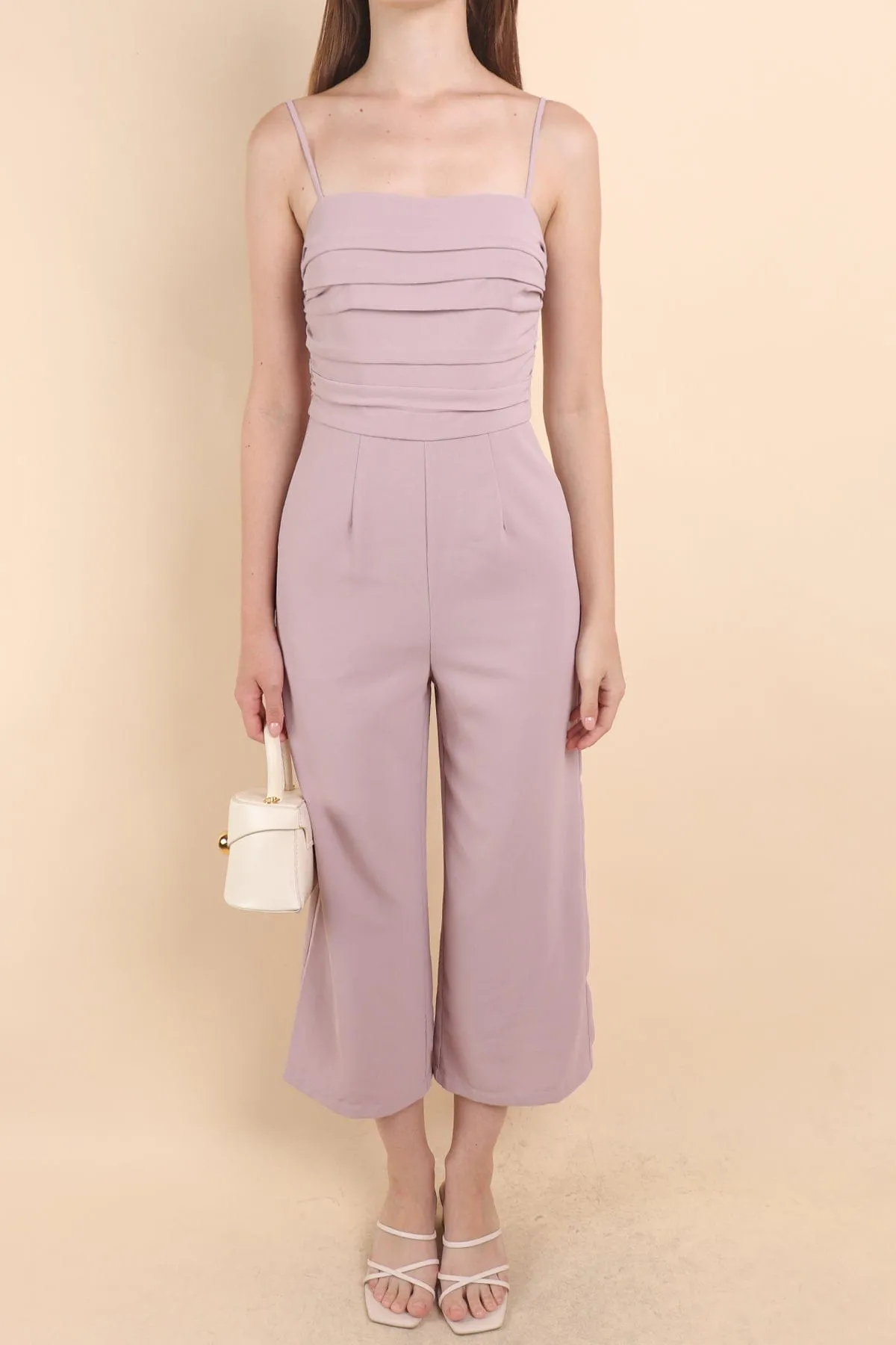 CAMRYN RUCHED JUMPSUIT ROMPER IN LILAC PINK