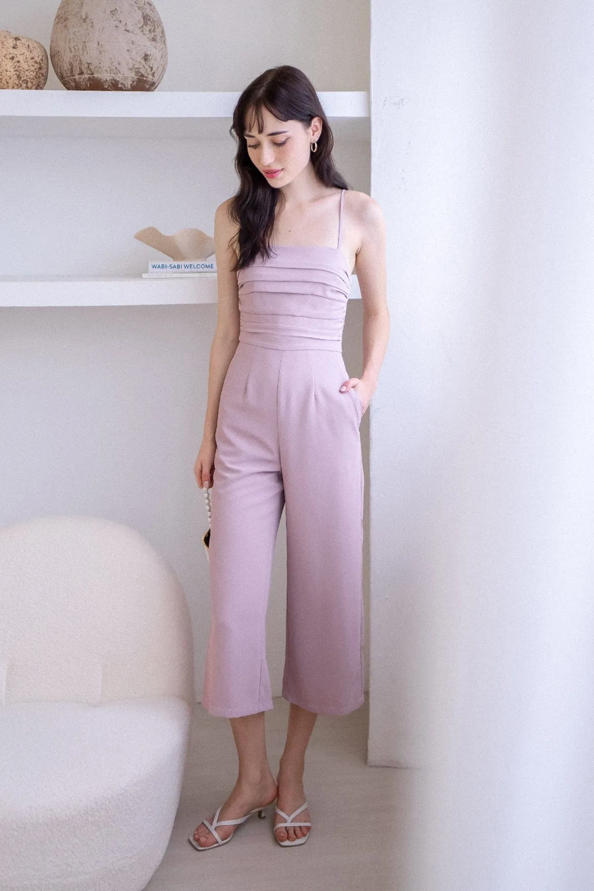 CAMRYN RUCHED JUMPSUIT ROMPER IN LILAC PINK