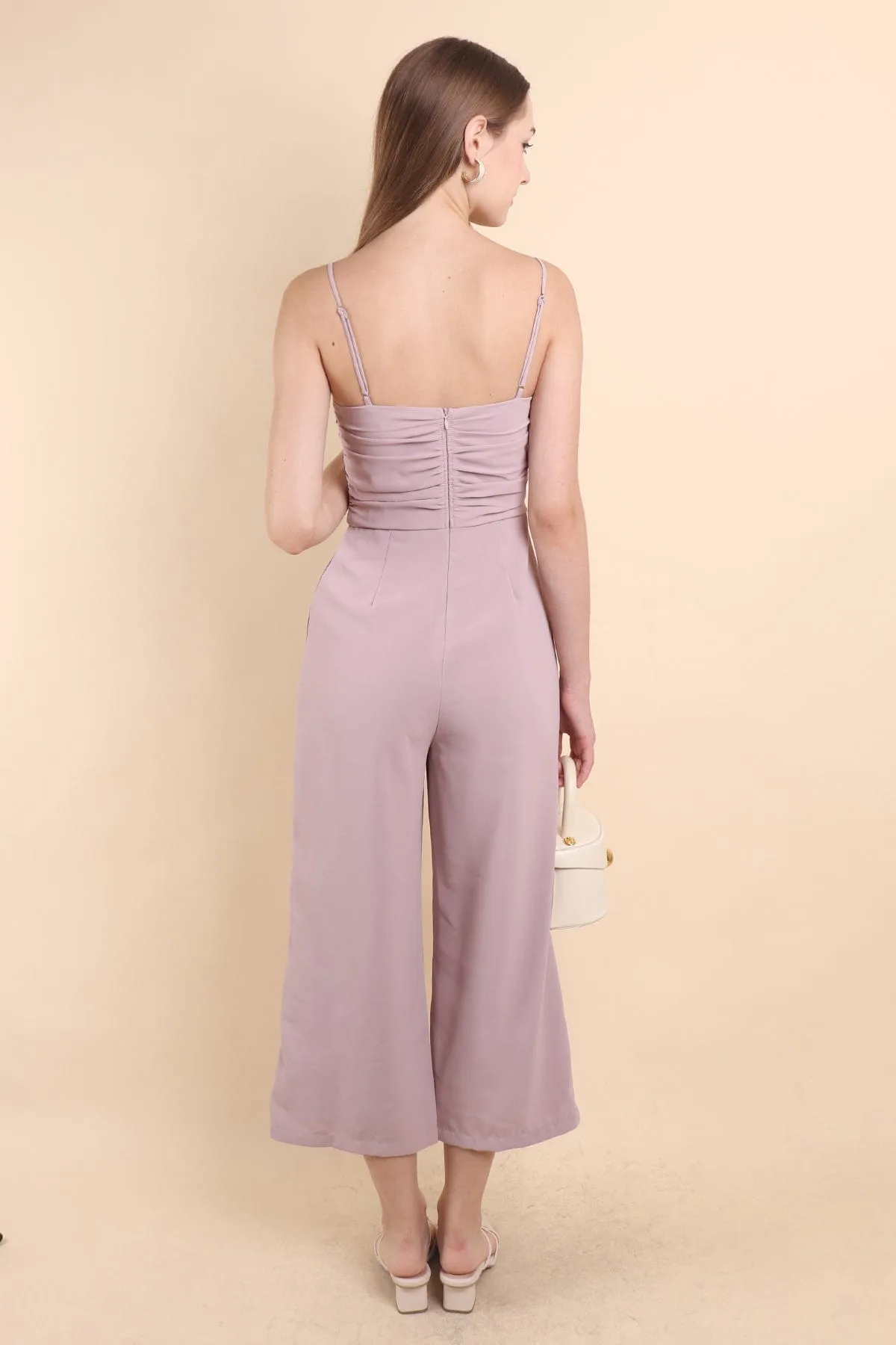 CAMRYN RUCHED JUMPSUIT ROMPER IN LILAC PINK