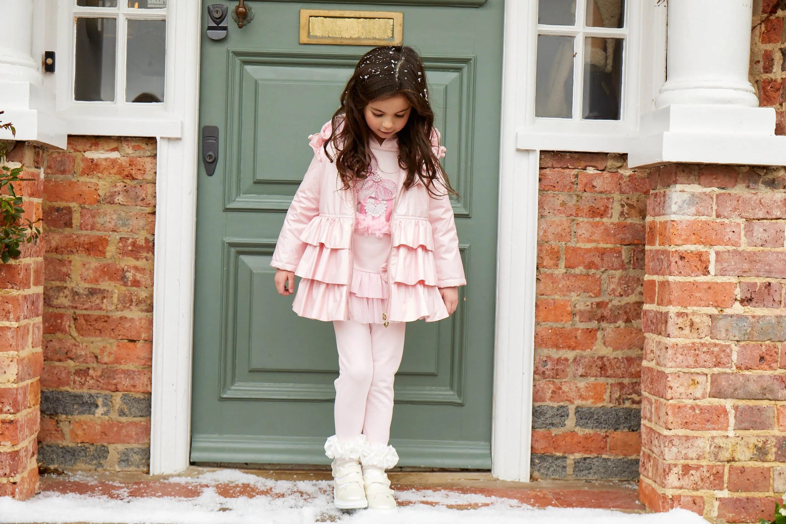 Caramelo Kids Girls Pink Bow Ruffle Pleated Coat