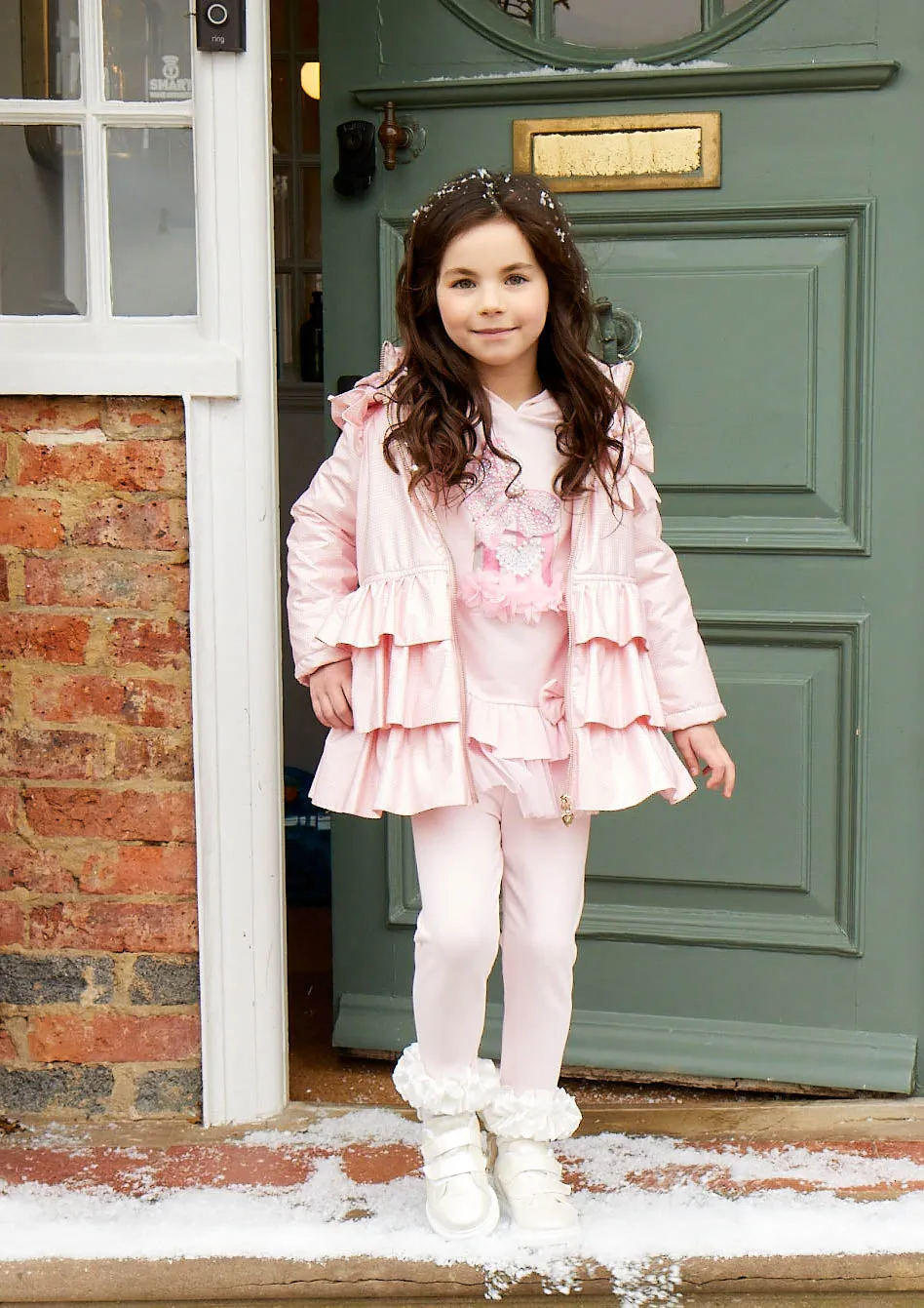 Caramelo Kids Girls Pink Bow Ruffle Pleated Coat