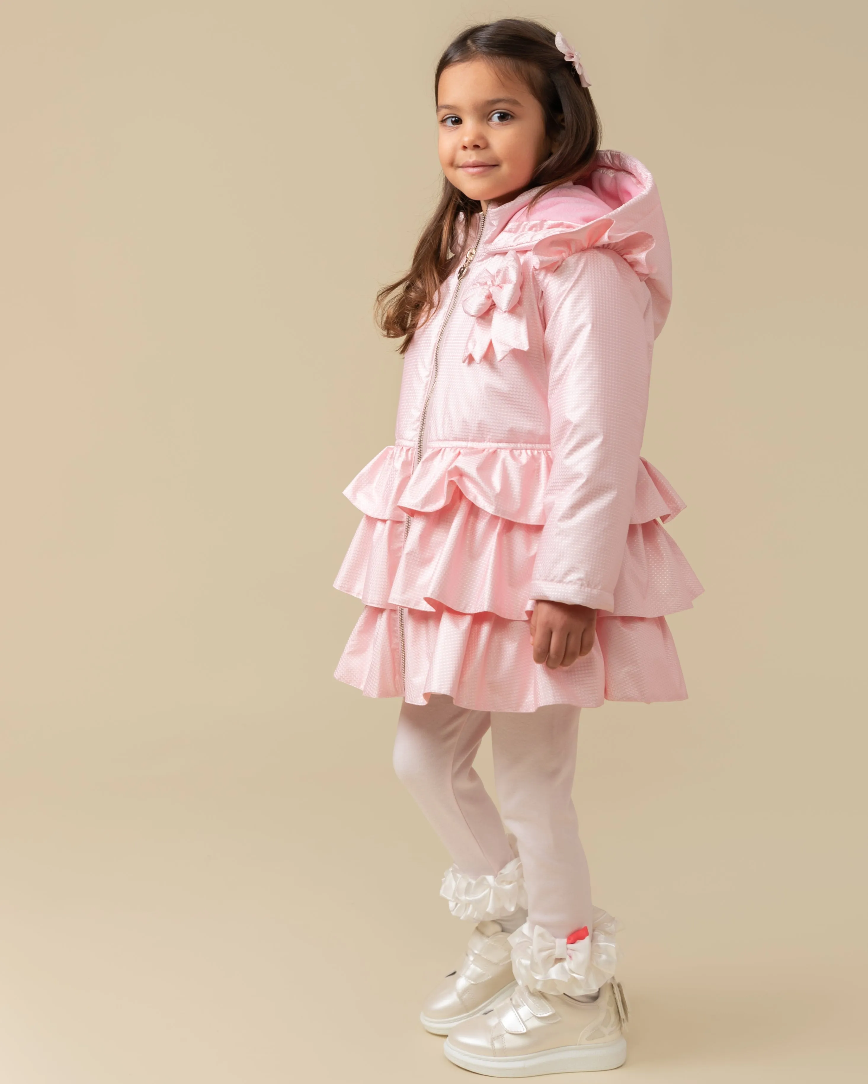 Caramelo Kids Girls Pink Bow Ruffle Pleated Coat