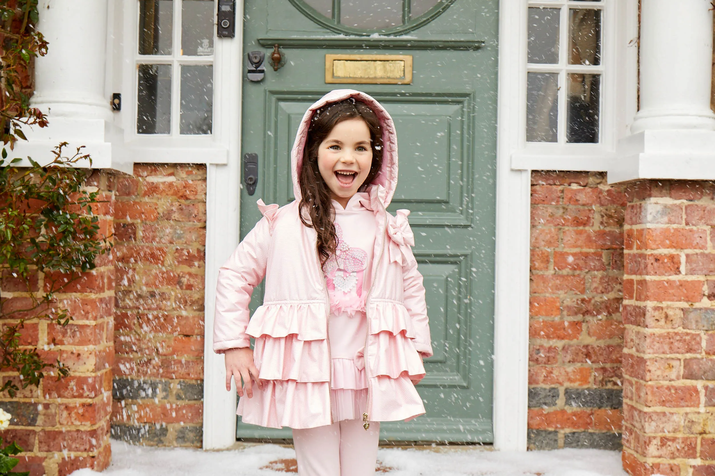 Caramelo Kids Girls Pink Bow Ruffle Pleated Coat