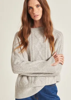 Cashmere Cable Crew Neck Sweater in Mist Grey