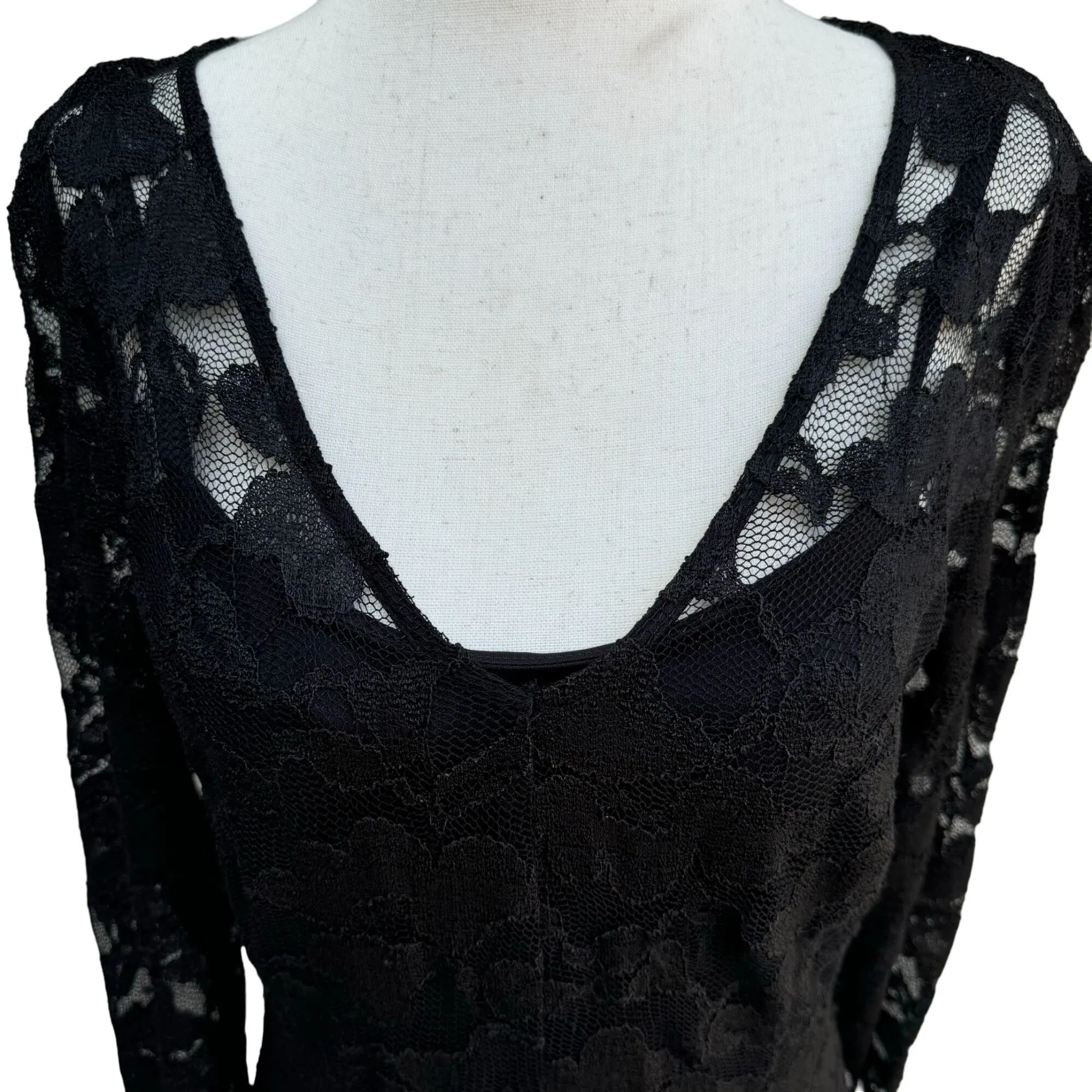 Chetta B Vintage Women's Black Deep V Neck Lace Long Sleeve Two Piece Dress - 10