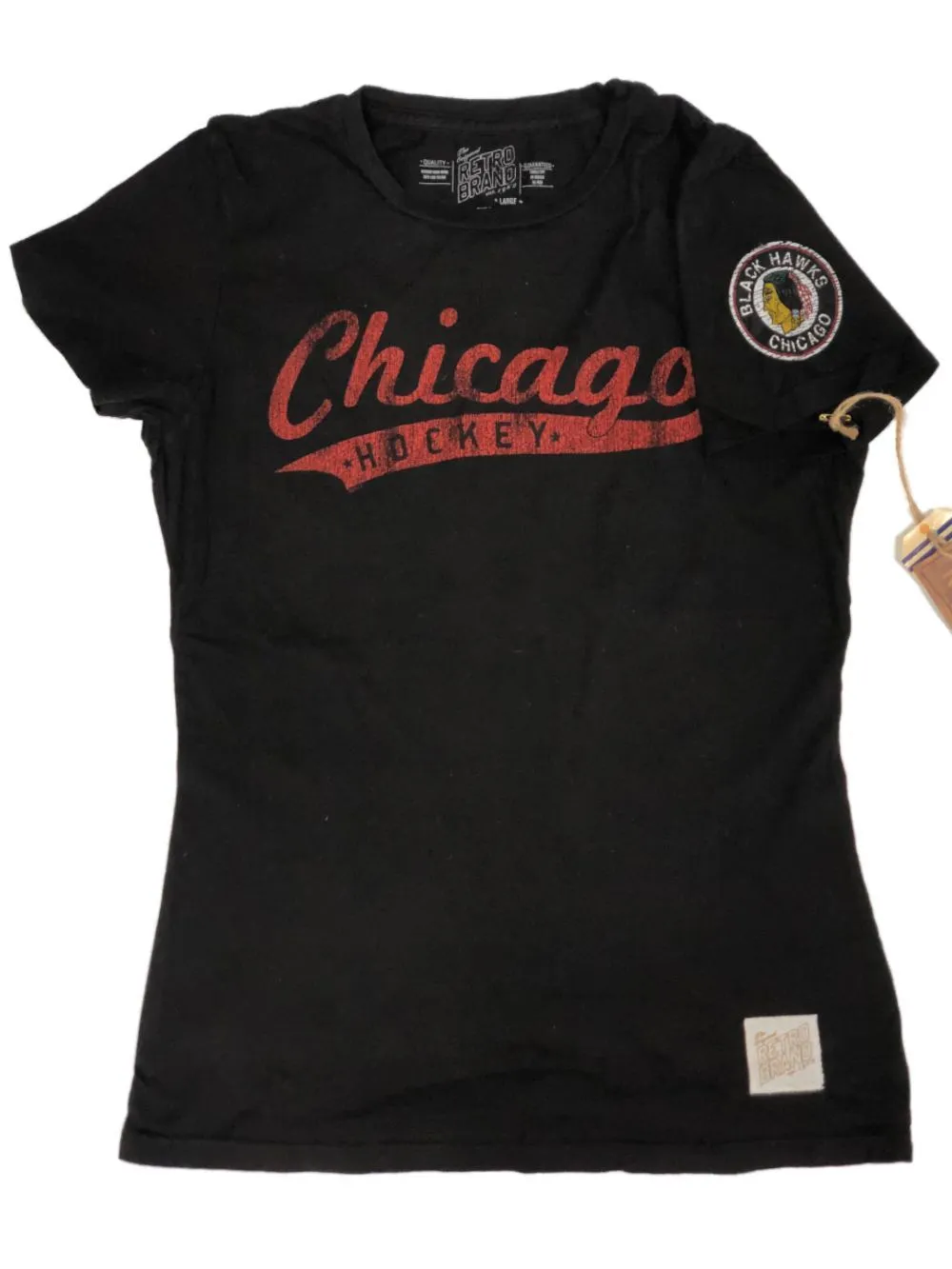 Chicago Blackhawks Retro Brand WOMENS Black Faded Script Logo SS T-Shirt