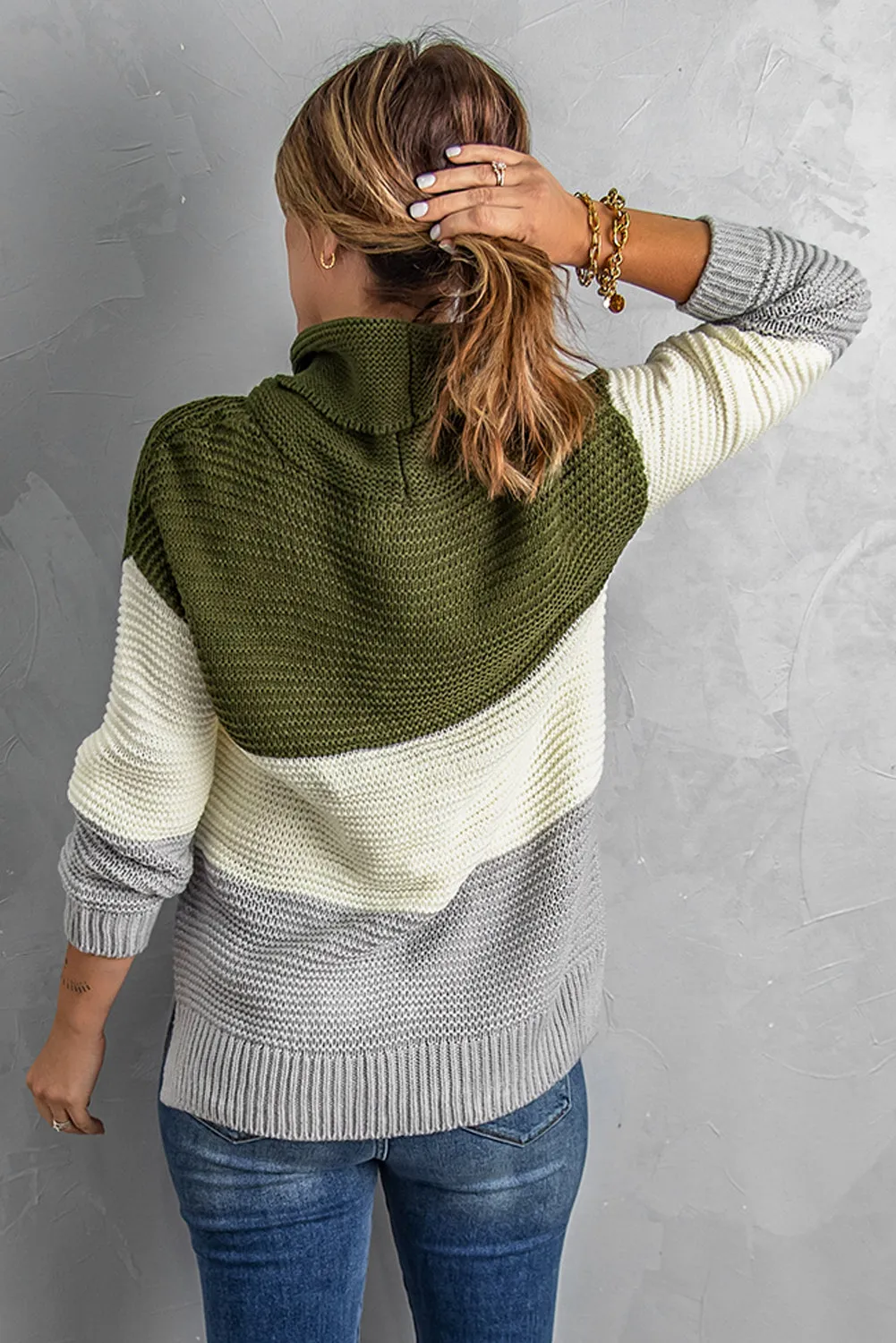 Color Block Knitted Pullover Cowl Neck Sweater for Women