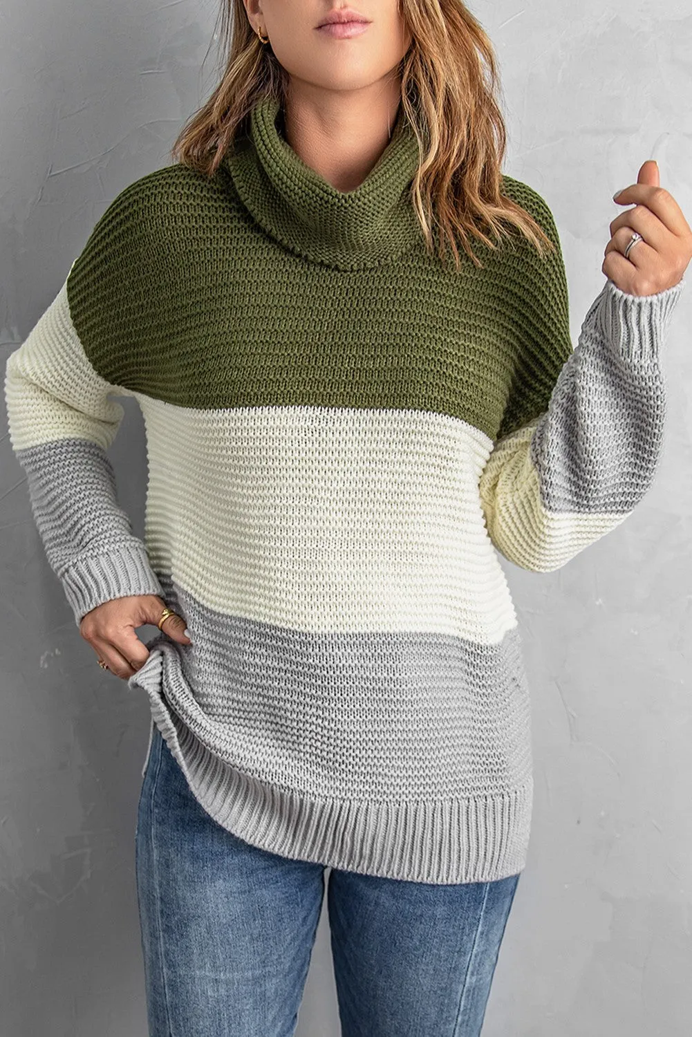 Color Block Knitted Pullover Cowl Neck Sweater for Women