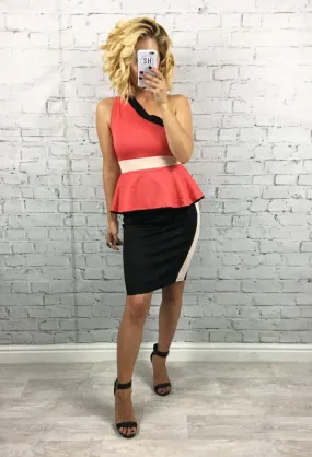 Coral & Black Peplum Ariana Bodycon Dress