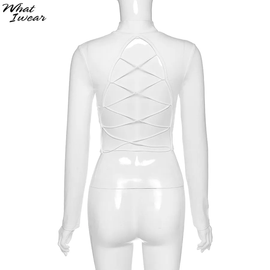 Cotton mix hollow out sexy tshirt bandage backless long sleeve tops slim bodycon streetwear