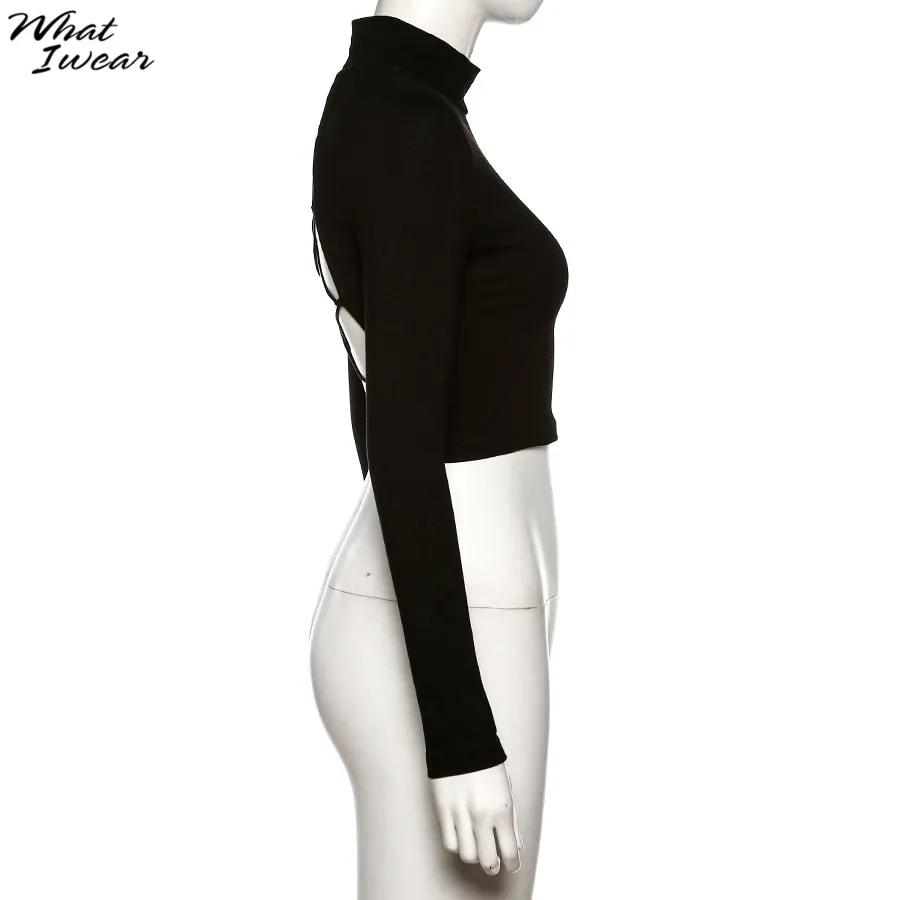 Cotton mix hollow out sexy tshirt bandage backless long sleeve tops slim bodycon streetwear