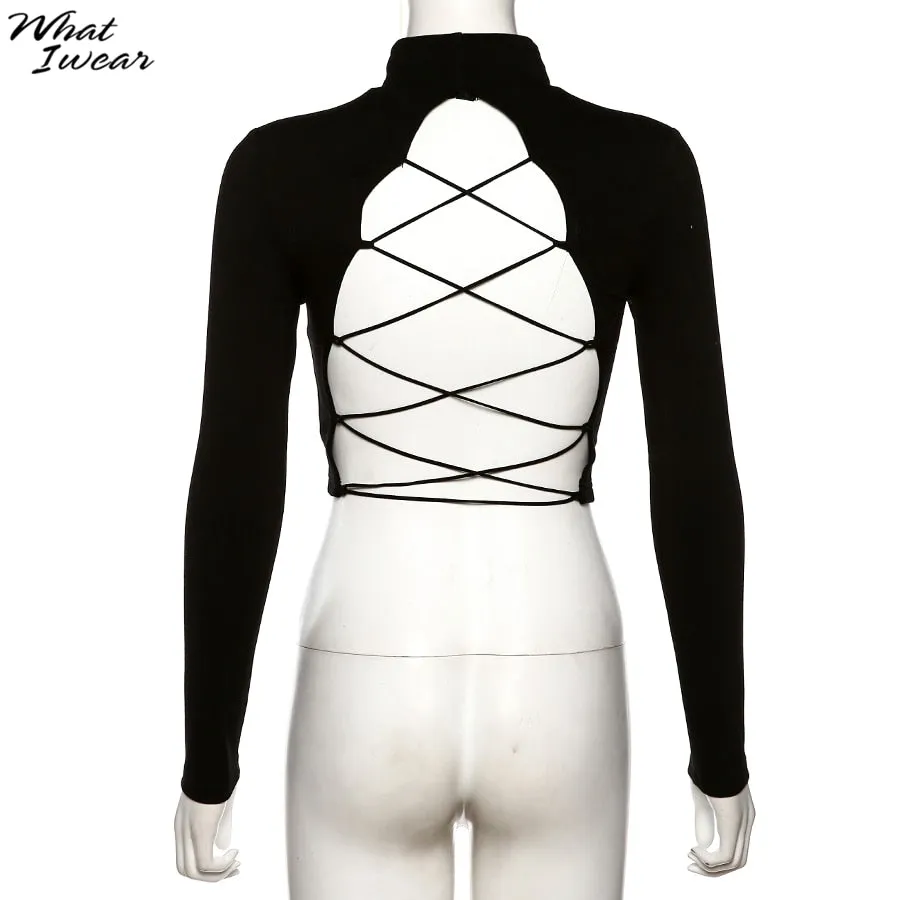 Cotton mix hollow out sexy tshirt bandage backless long sleeve tops slim bodycon streetwear