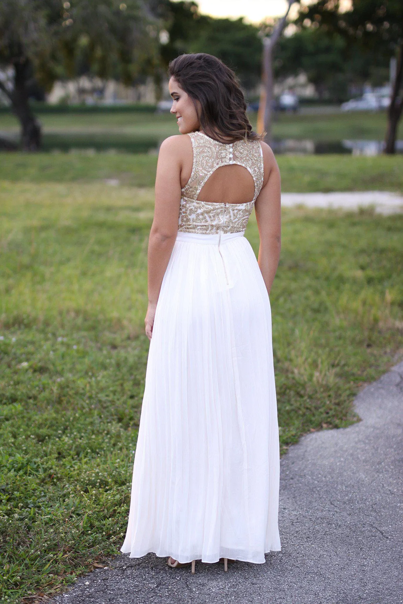 Cream and Gold Pleated Maxi Dress