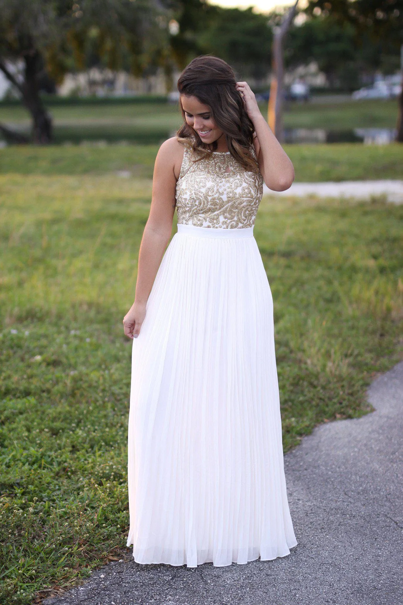 Cream and Gold Pleated Maxi Dress