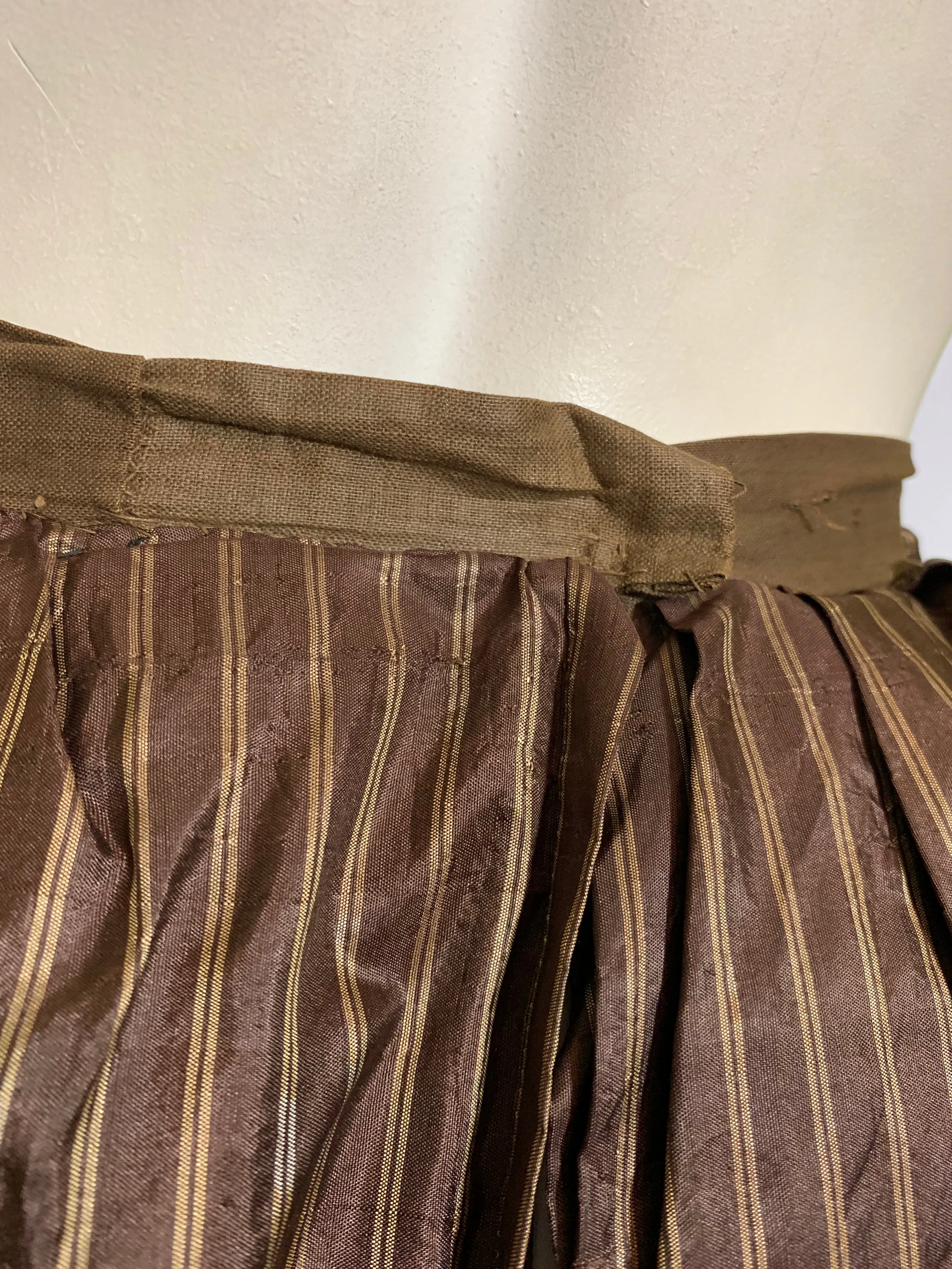 Curry and Cinnamon Pin Striped Silk 2 Piece Ruffled Bustle Back Skirt Dress with Glass Buttons circa 1880s