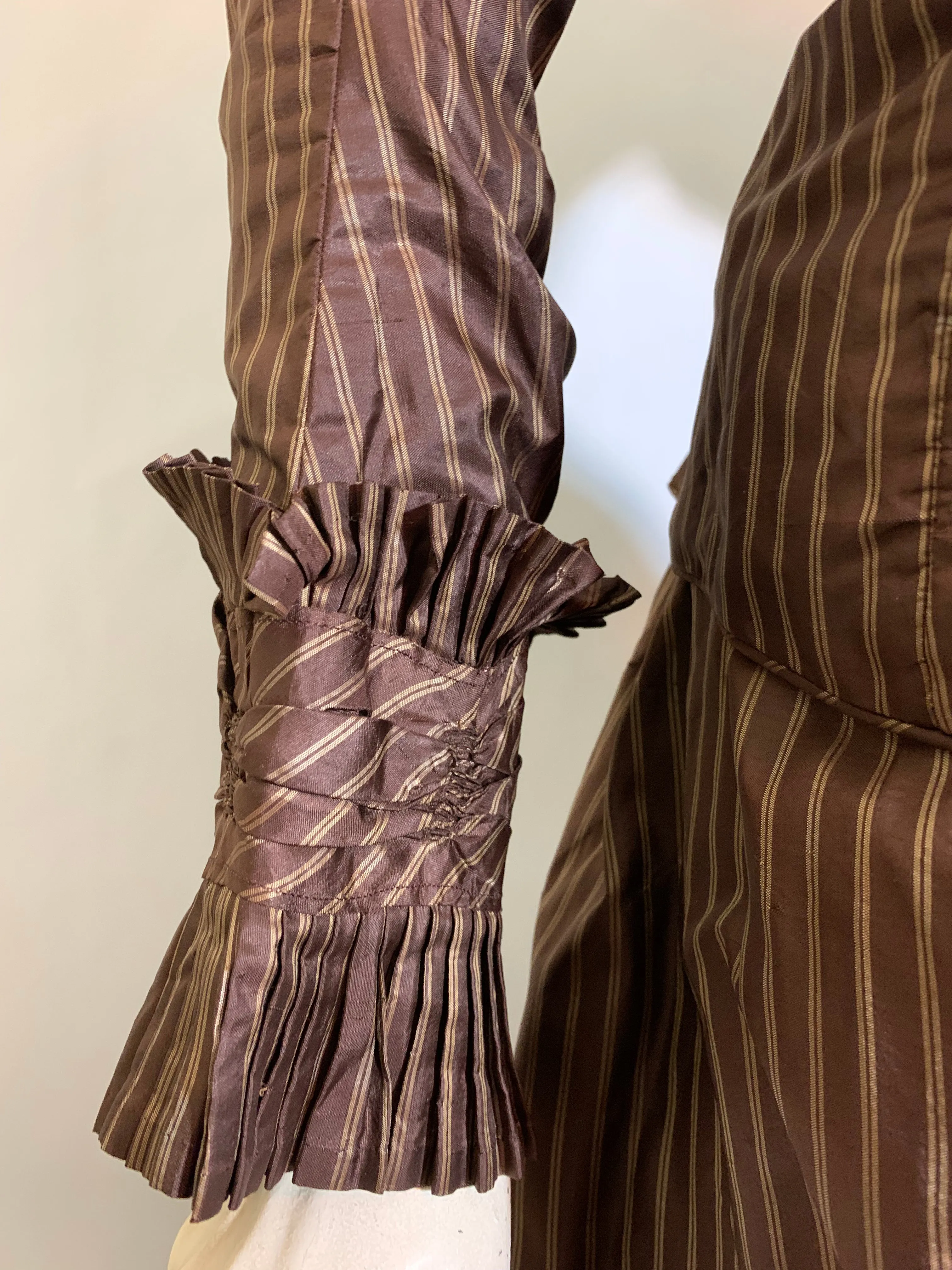 Curry and Cinnamon Pin Striped Silk 2 Piece Ruffled Bustle Back Skirt Dress with Glass Buttons circa 1880s