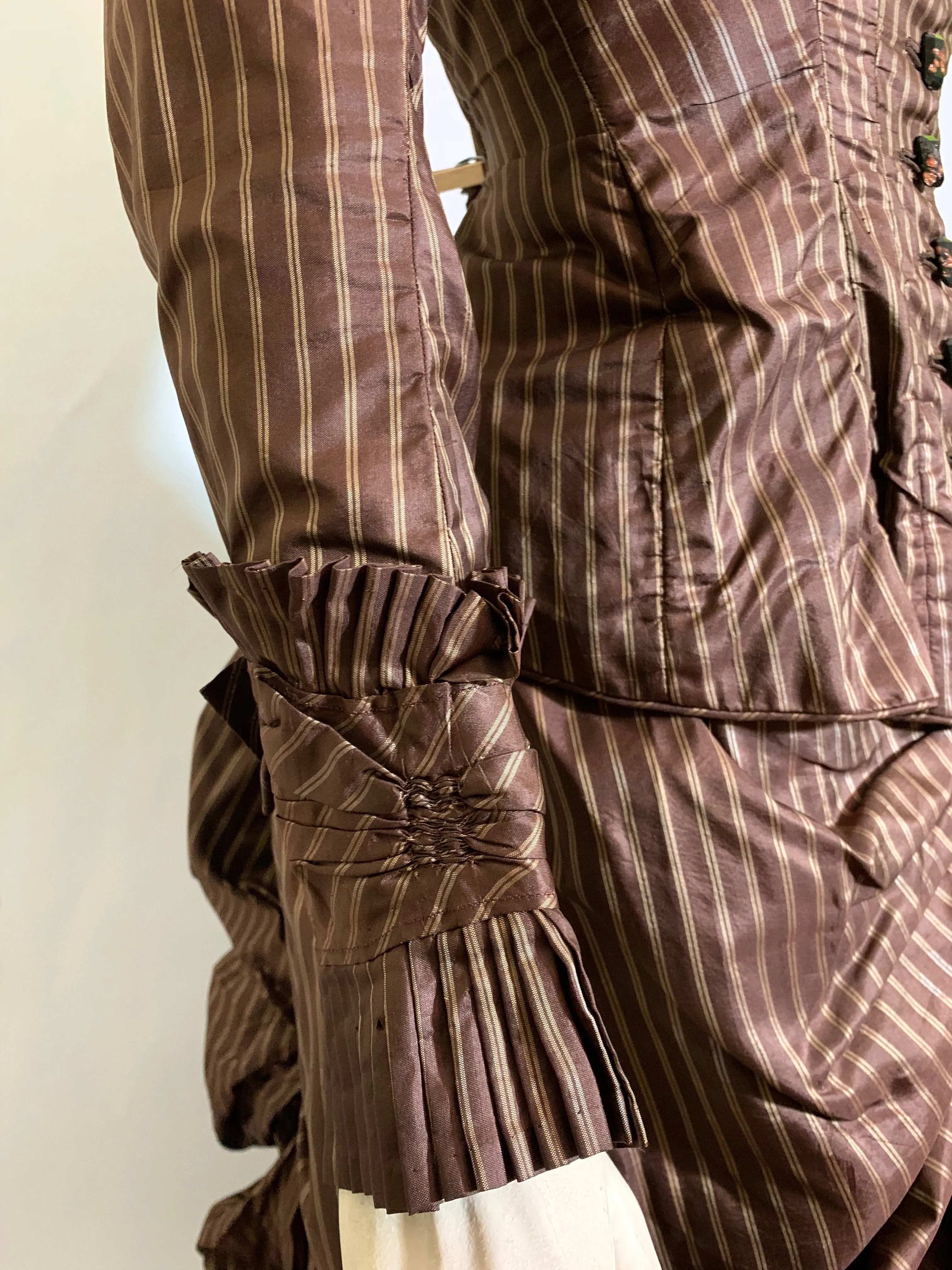 Curry and Cinnamon Pin Striped Silk 2 Piece Ruffled Bustle Back Skirt Dress with Glass Buttons circa 1880s