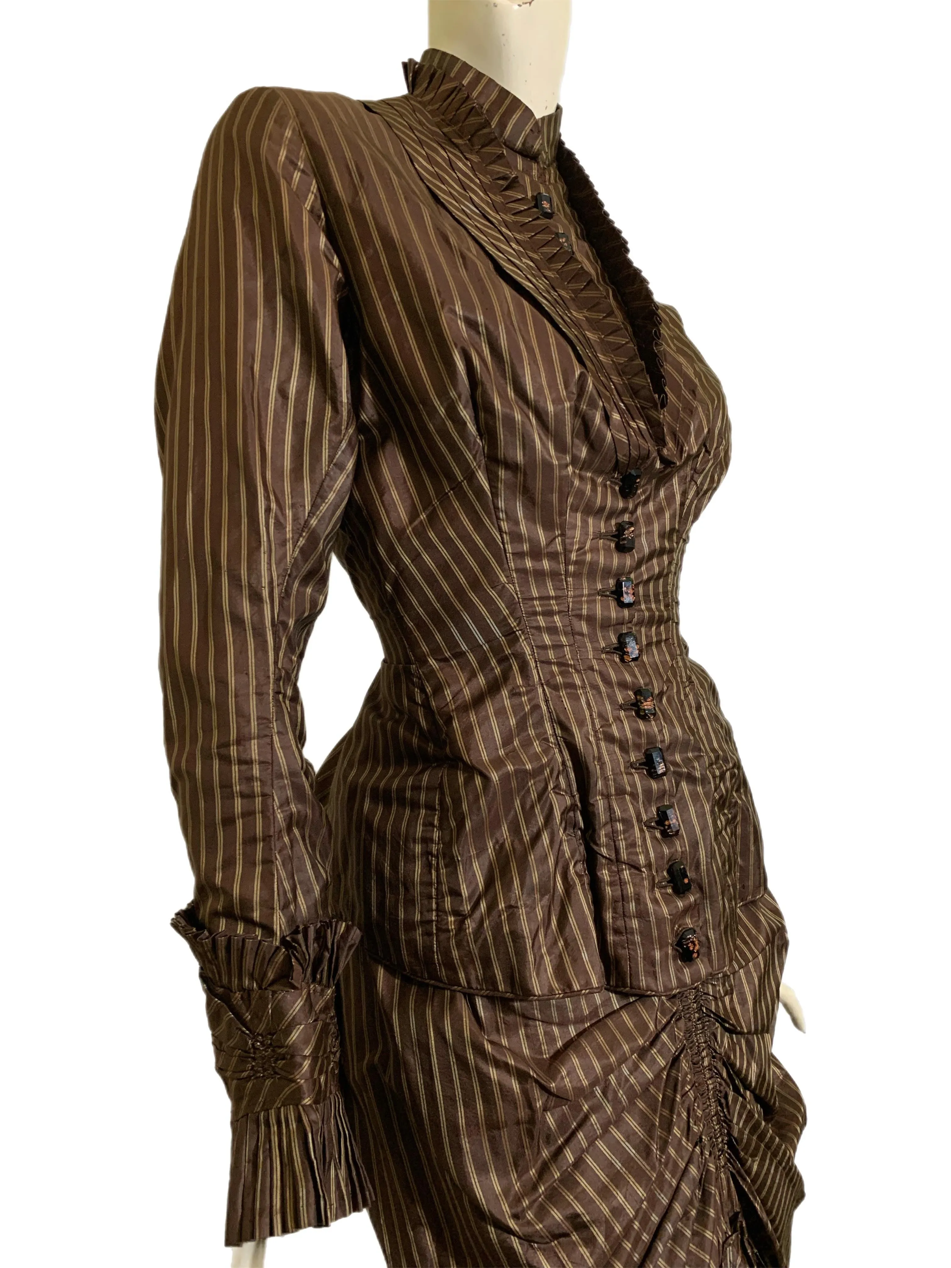 Curry and Cinnamon Pin Striped Silk 2 Piece Ruffled Bustle Back Skirt Dress with Glass Buttons circa 1880s