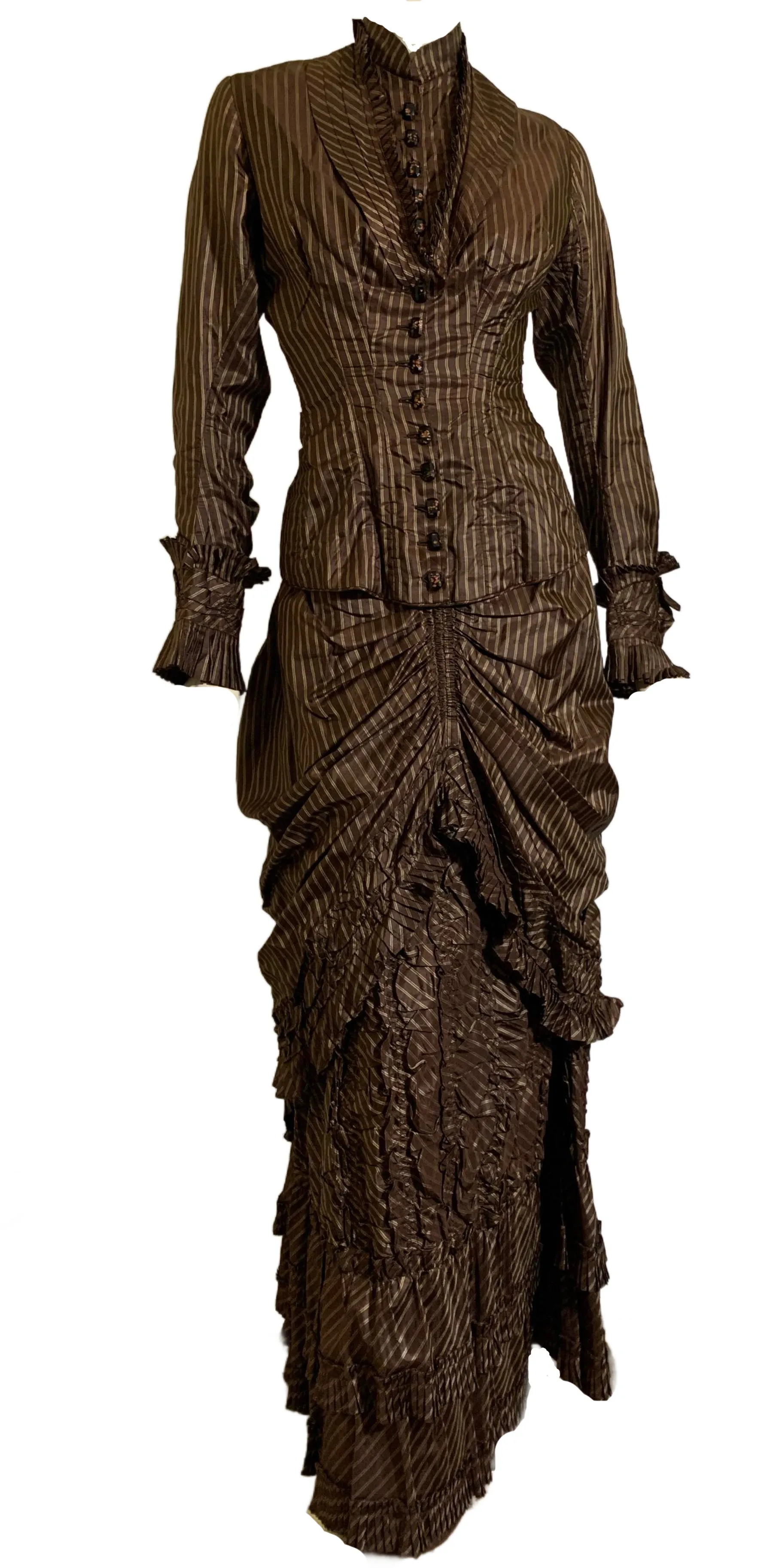 Curry and Cinnamon Pin Striped Silk 2 Piece Ruffled Bustle Back Skirt Dress with Glass Buttons circa 1880s