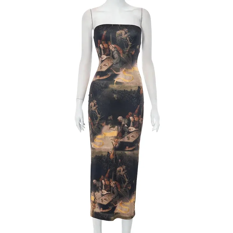 CUTENOVA Sexy Strapless Oil Painting Printing Mesh Slim Midi Dress Female Chic Brand Party Vestidos