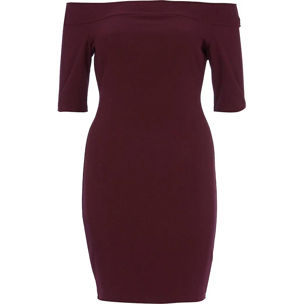 Dark Purple Bardot Bodycon Womens Dress