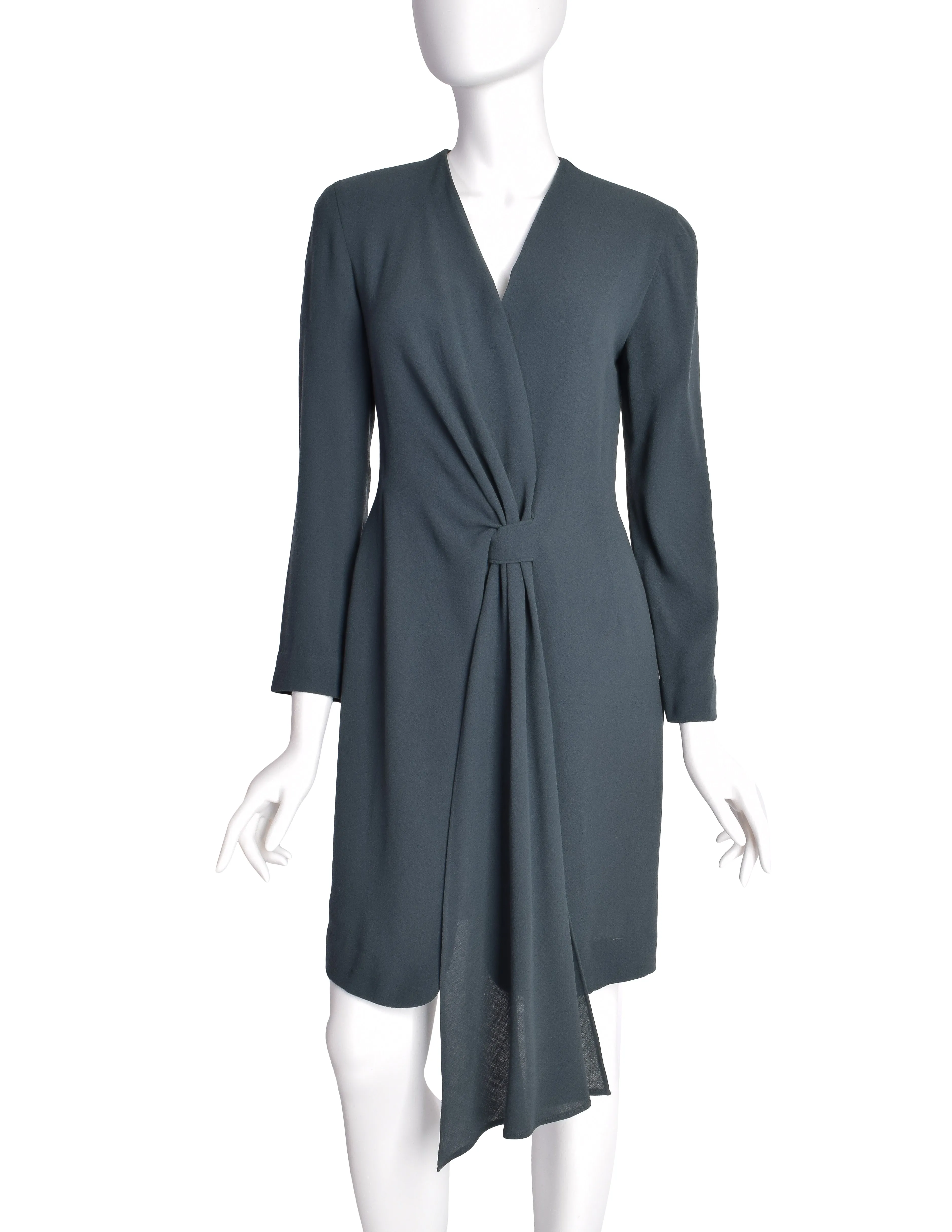 Donna Karan Vintage AW 1990 Slate Grey Deep V Wrap Dress