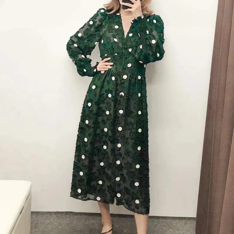 Elegant Polka Dot High Waist Puff Sleeve Boho Retro Dress