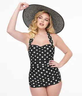 Esther Williams 1950s Black & White Polka Dot One Piece Swimsuit