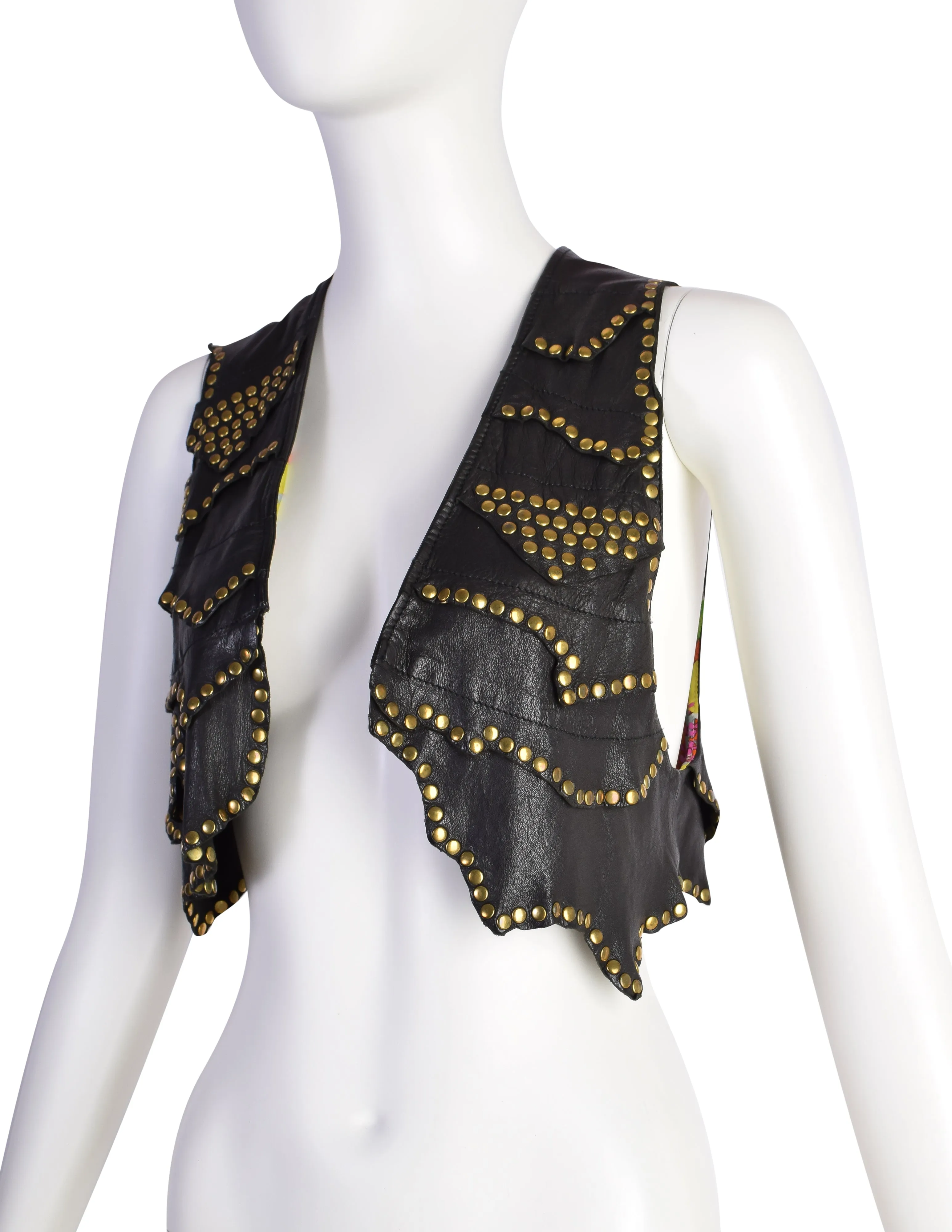 Etro Vintage Black Layered Leather Brass Studded Vest