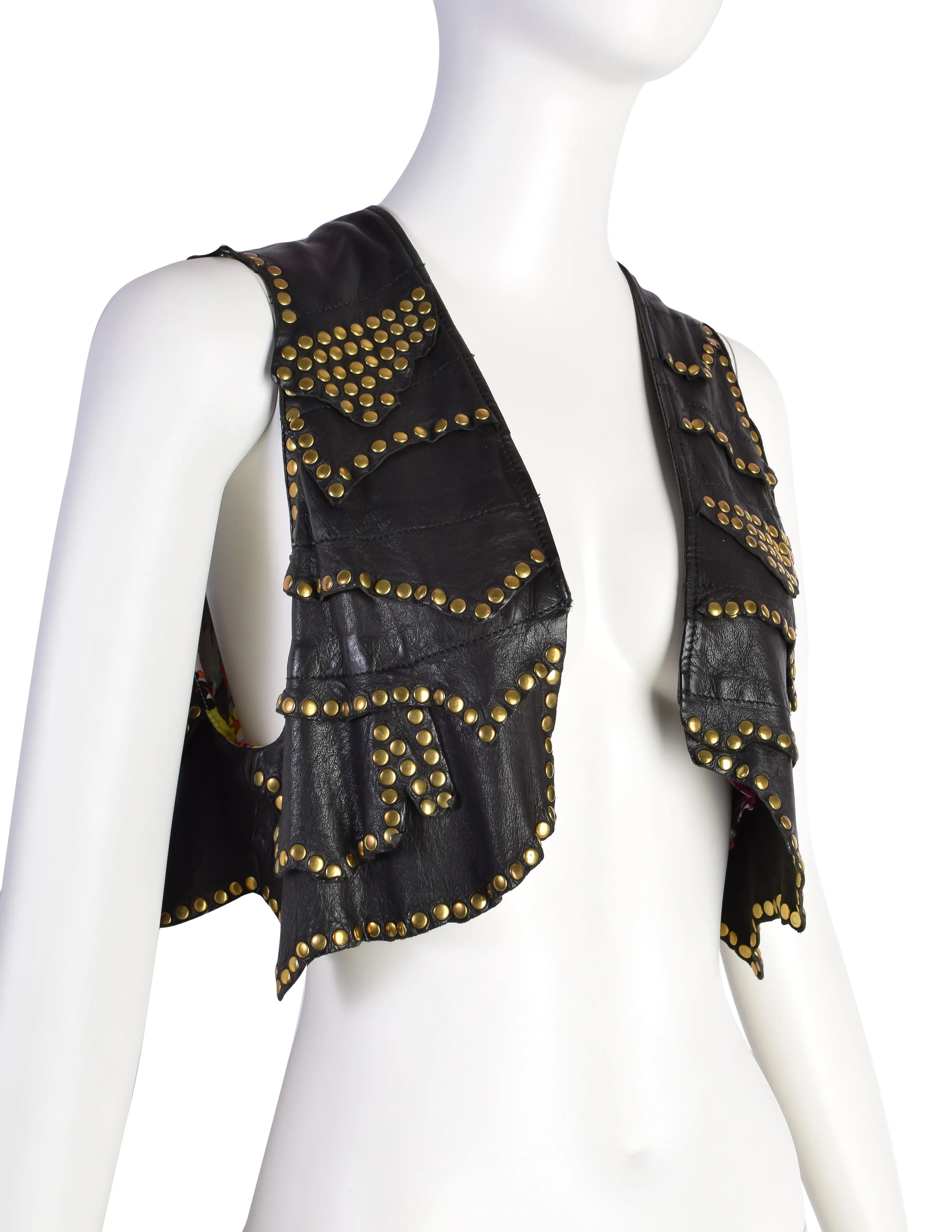 Etro Vintage Black Layered Leather Brass Studded Vest