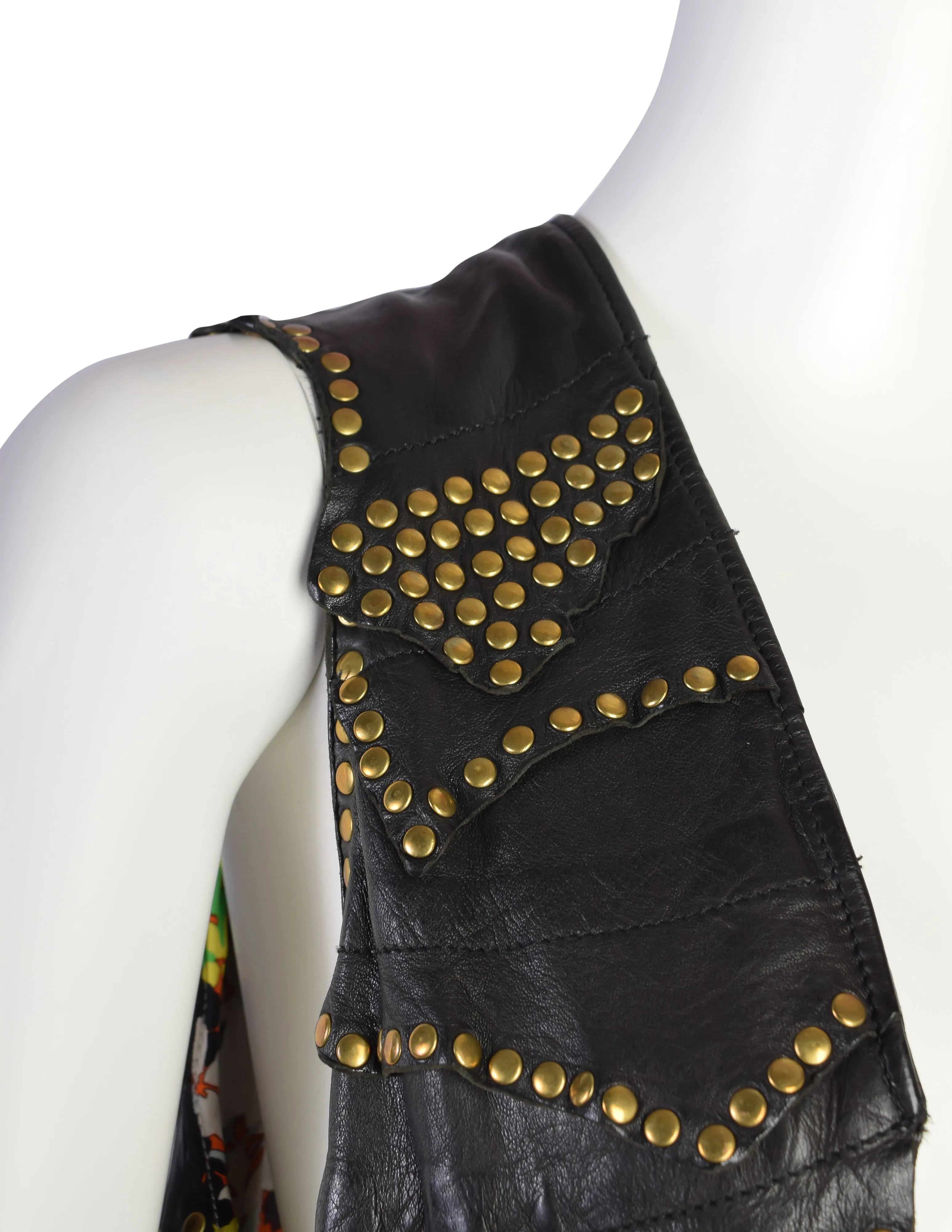 Etro Vintage Black Layered Leather Brass Studded Vest