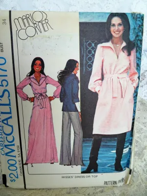 FABULOUS 1970s McCall's 5170  Dress or Top Marlo's Corner That Girl Pattern Bust 34 Casual Elegance Vintage Sewing Pattern UNCUT