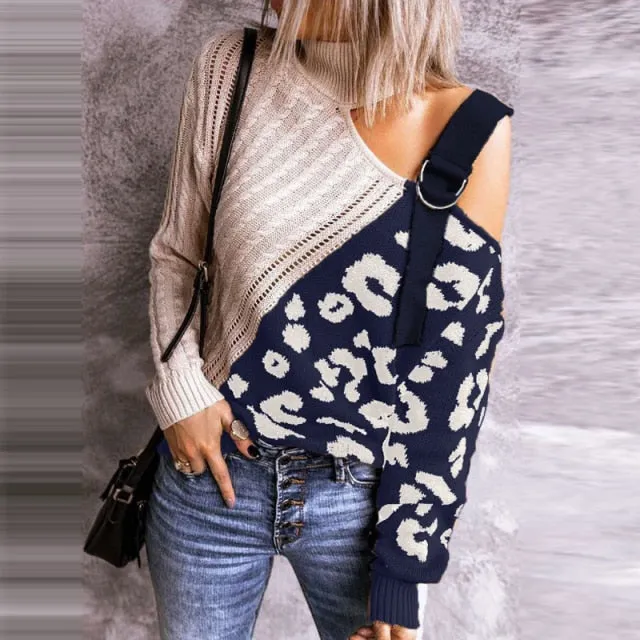 Fabulous Turtleneck Off Shoulder Patterned Pullover Top