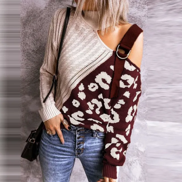 Fabulous Turtleneck Off Shoulder Patterned Pullover Top