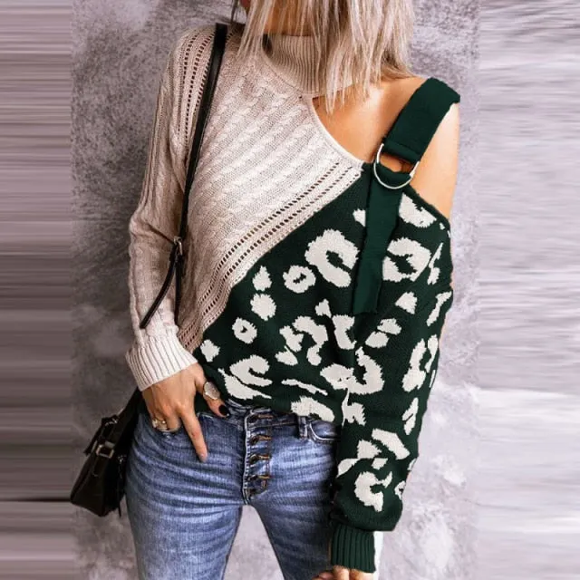 Fabulous Turtleneck Off Shoulder Patterned Pullover Top