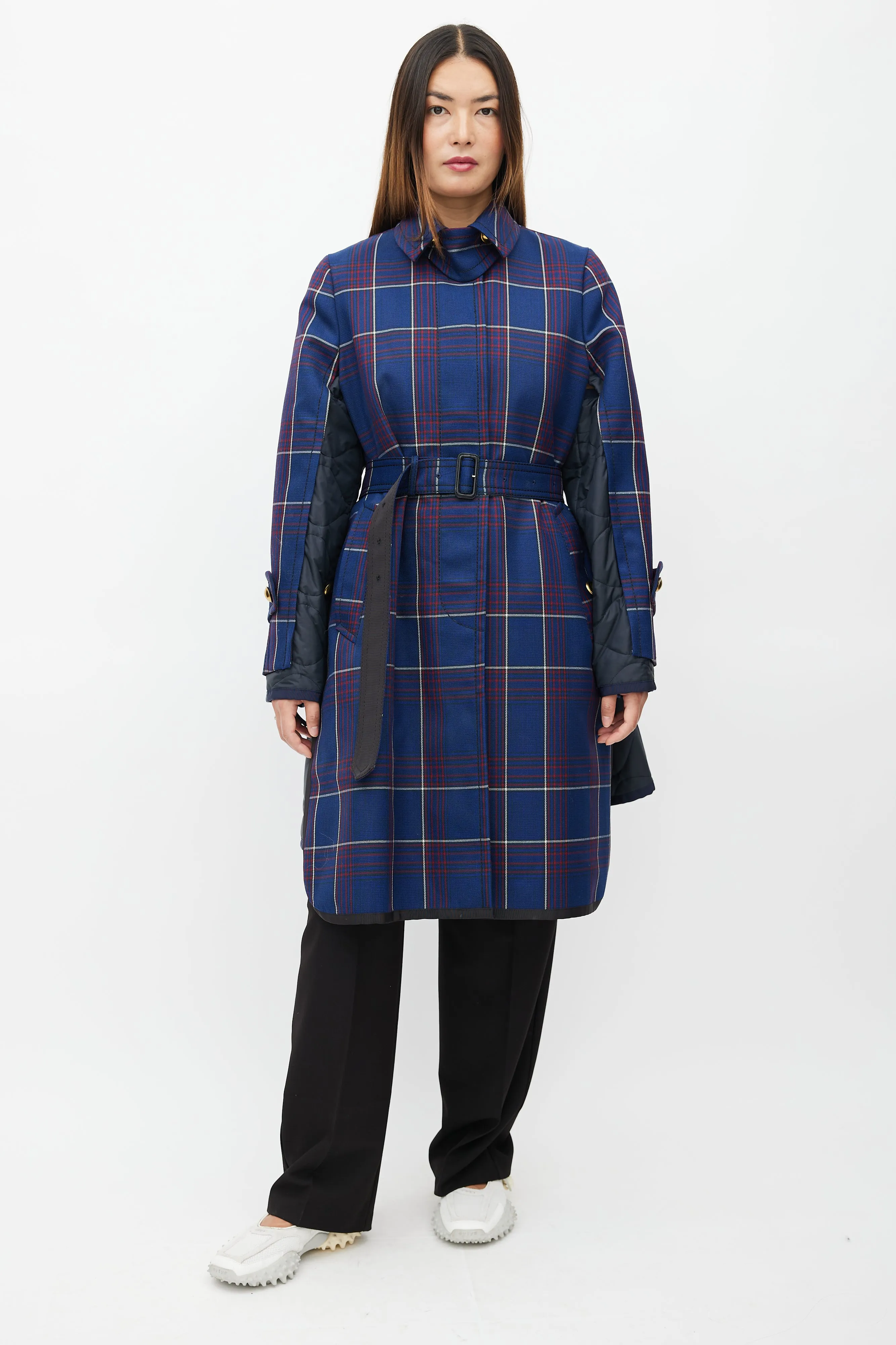 Fall 2018 Navy Plaid & Nylon Belted Coat