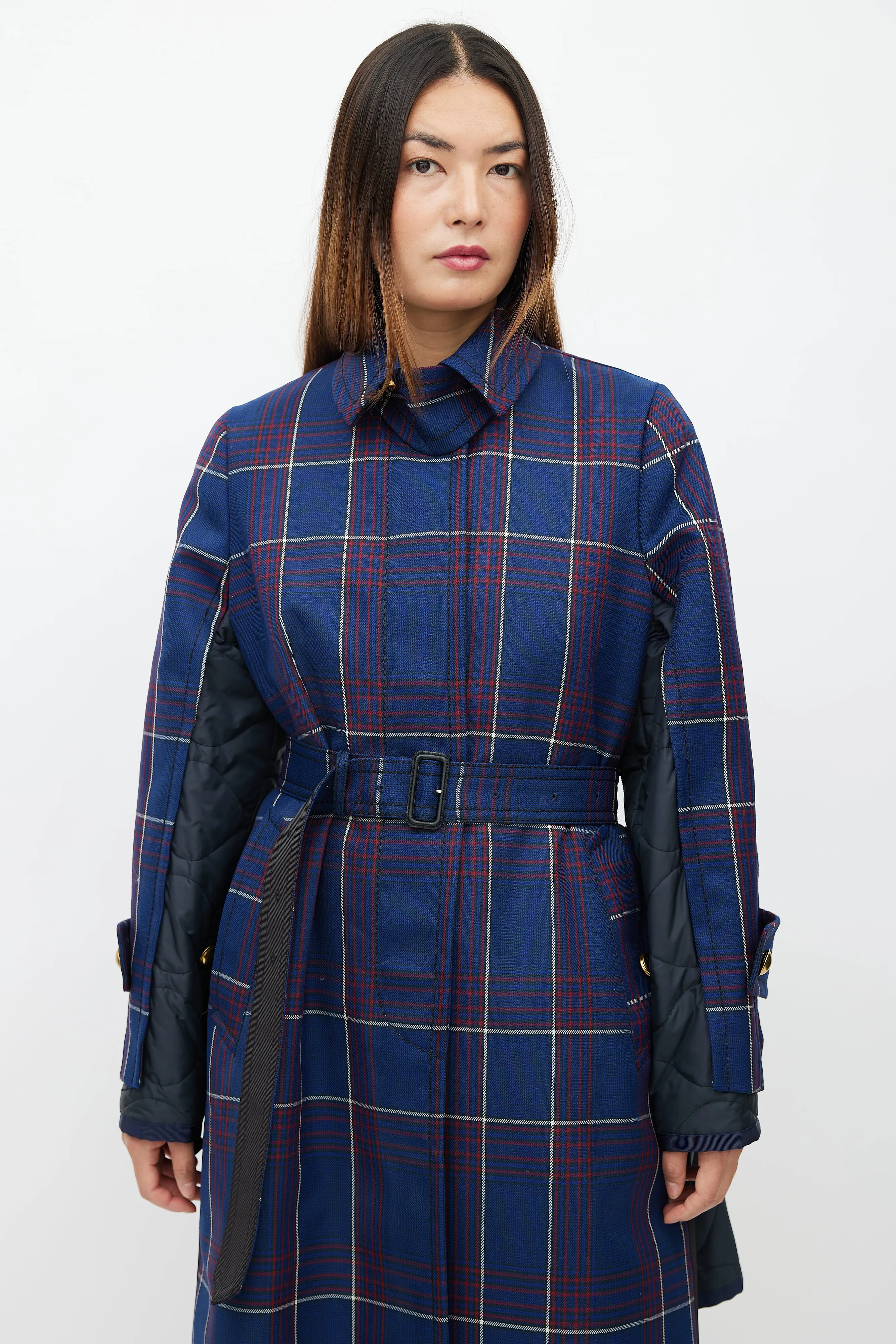 Fall 2018 Navy Plaid & Nylon Belted Coat