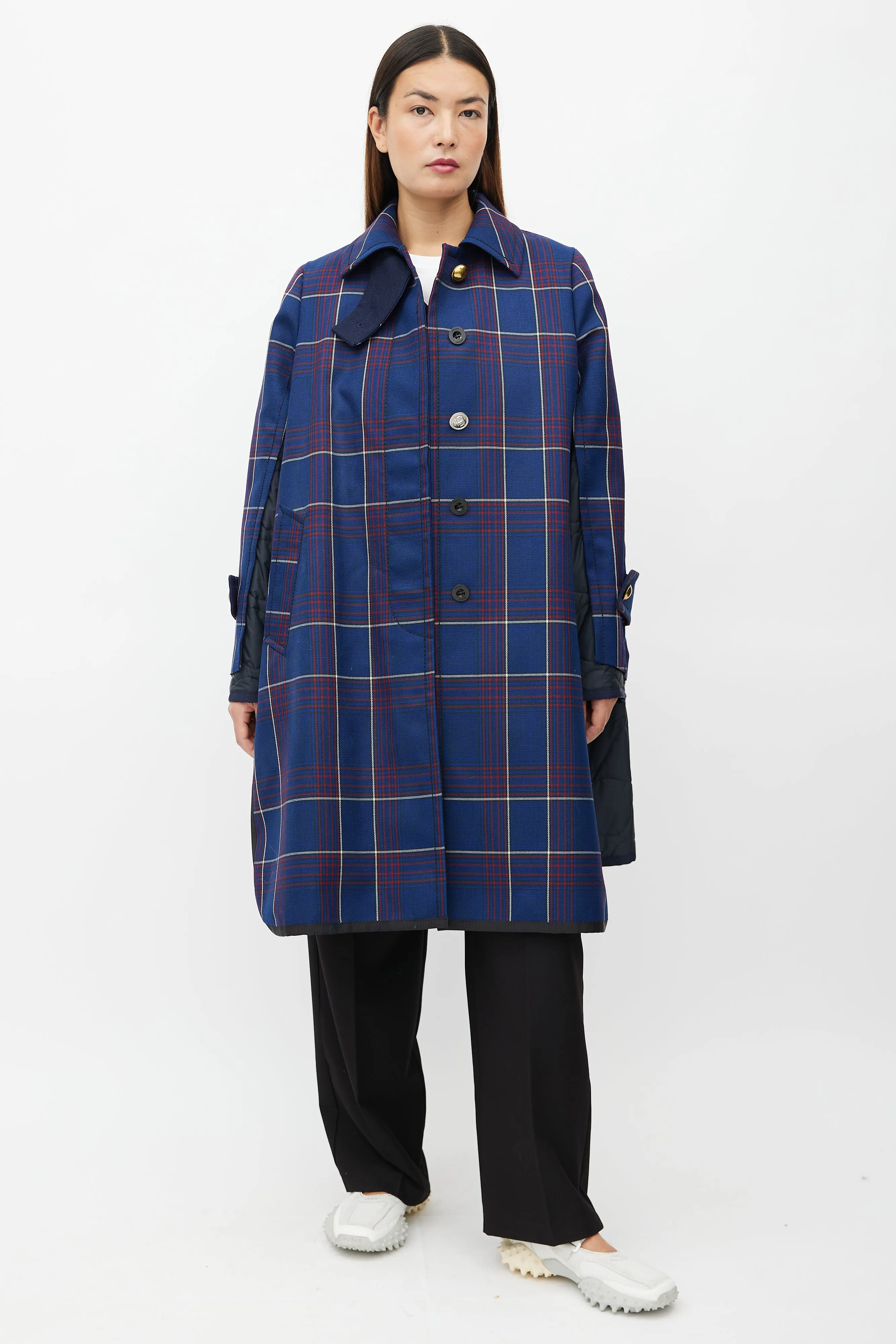 Fall 2018 Navy Plaid & Nylon Belted Coat