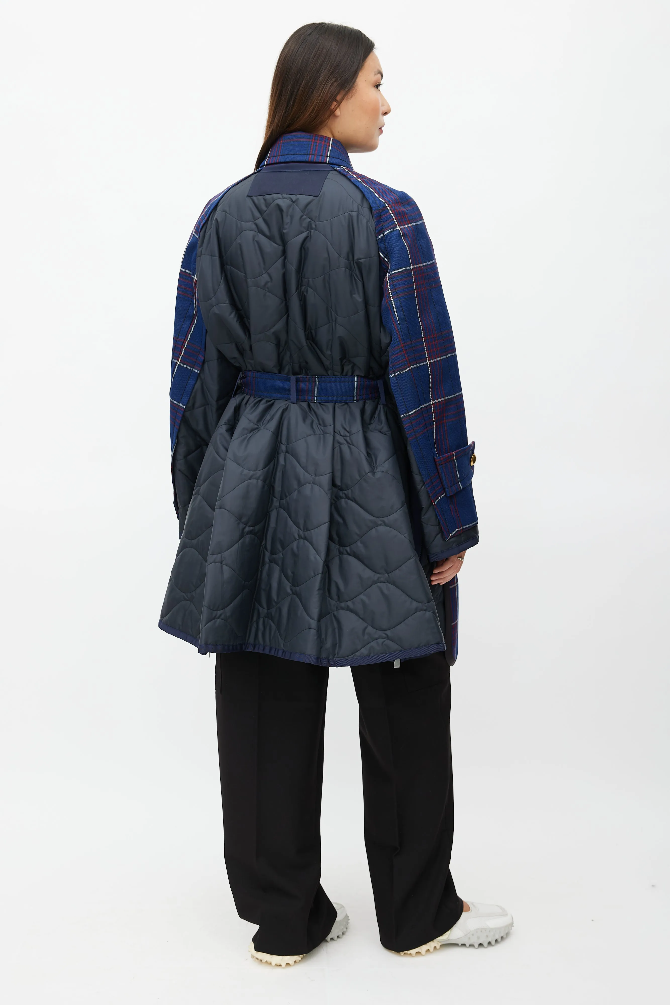 Fall 2018 Navy Plaid & Nylon Belted Coat