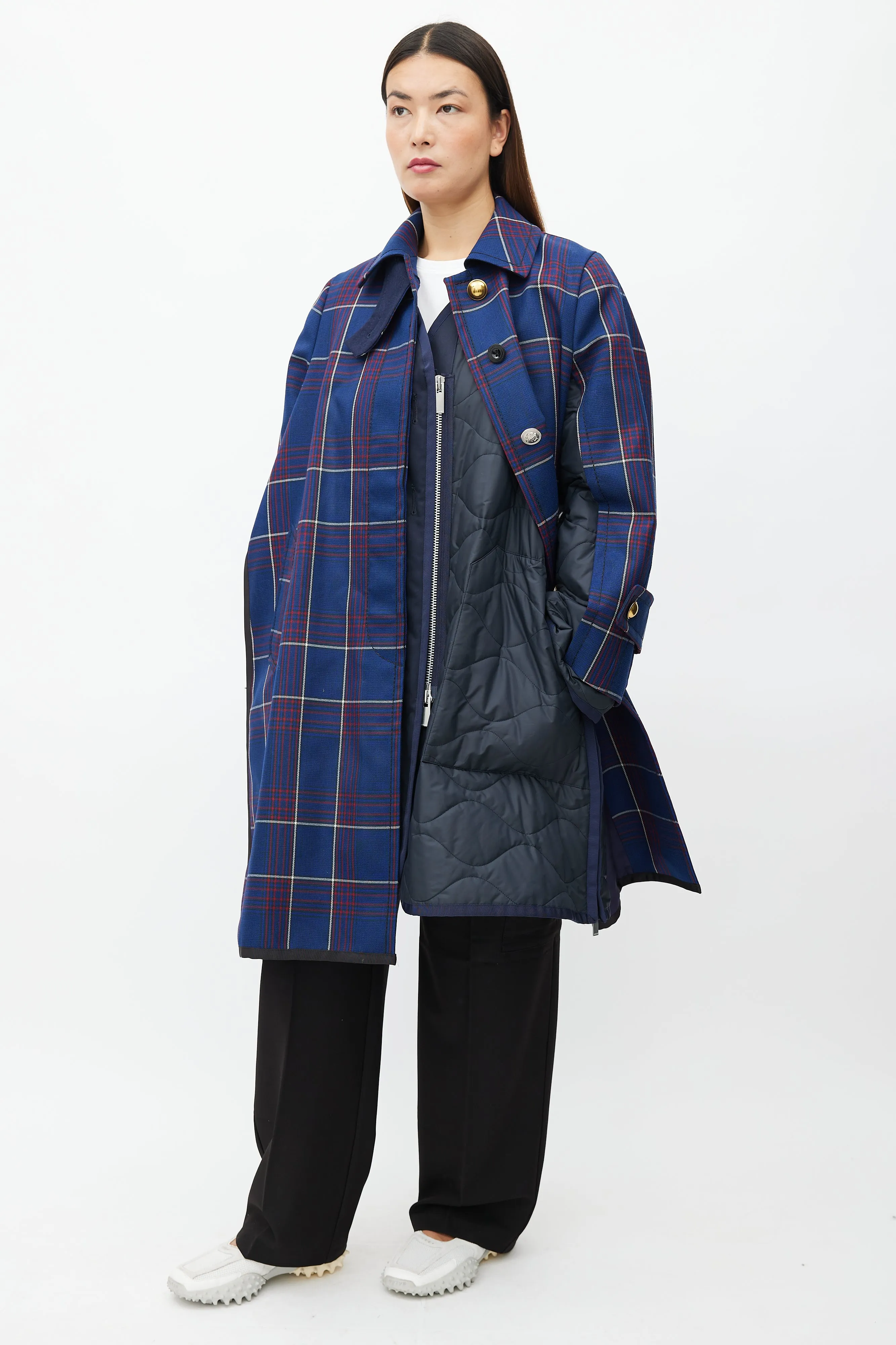 Fall 2018 Navy Plaid & Nylon Belted Coat