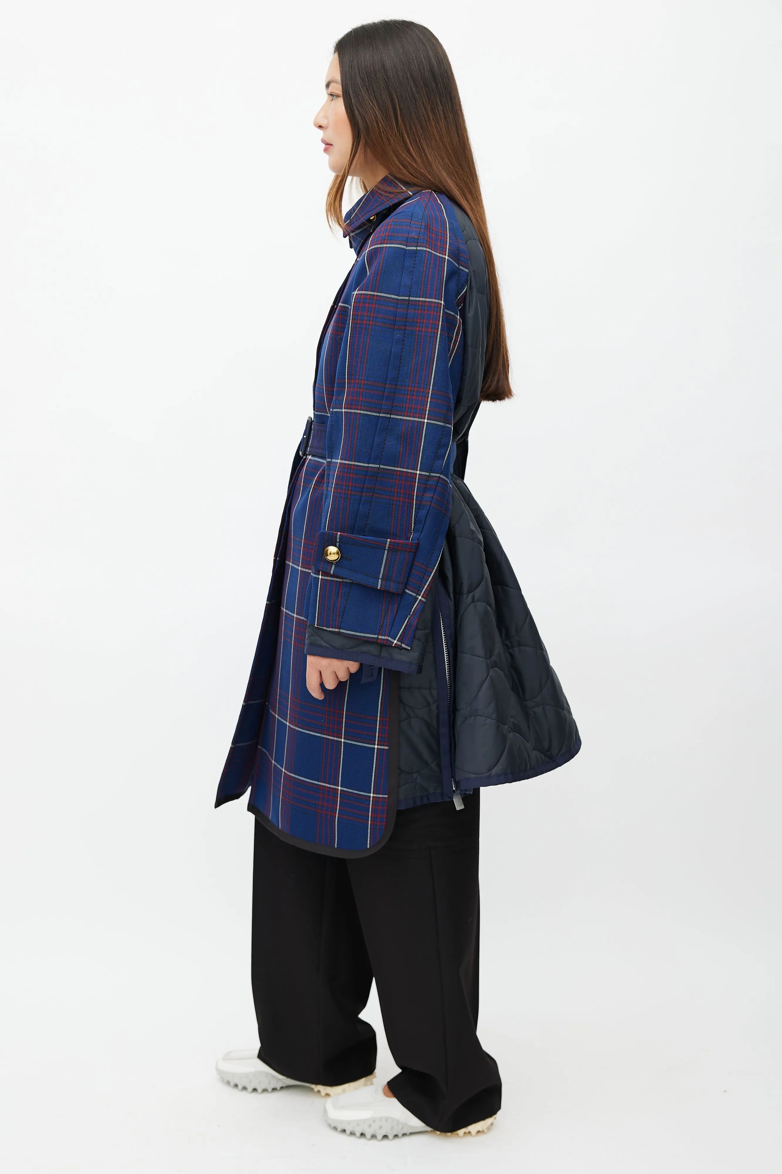 Fall 2018 Navy Plaid & Nylon Belted Coat