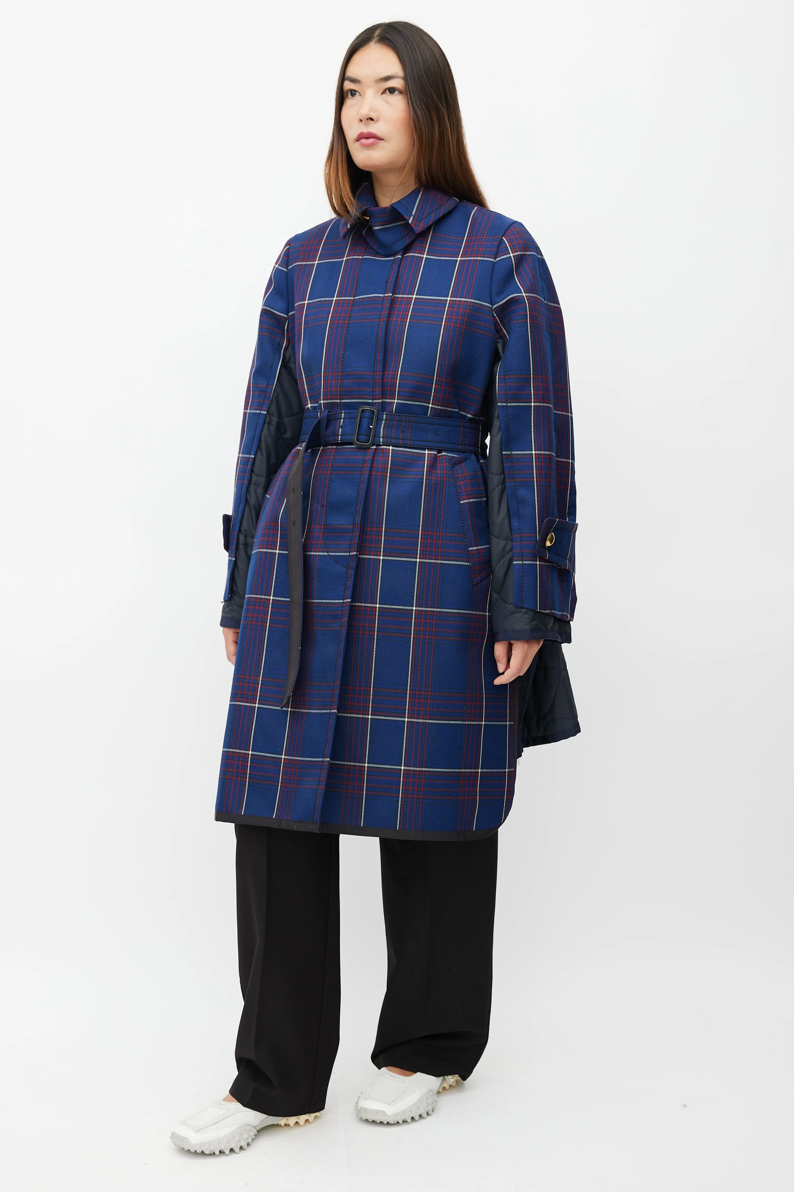 Fall 2018 Navy Plaid & Nylon Belted Coat