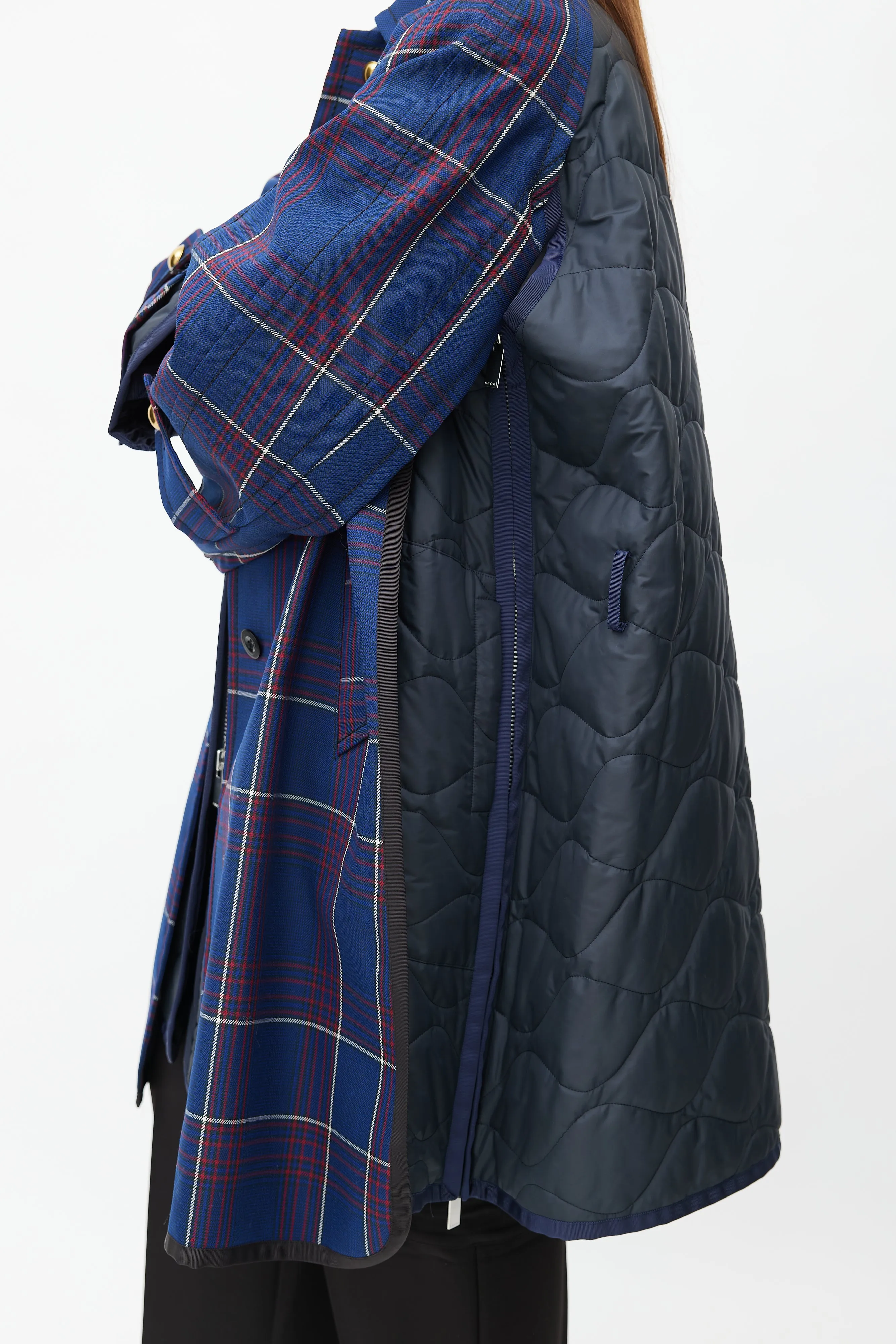 Fall 2018 Navy Plaid & Nylon Belted Coat