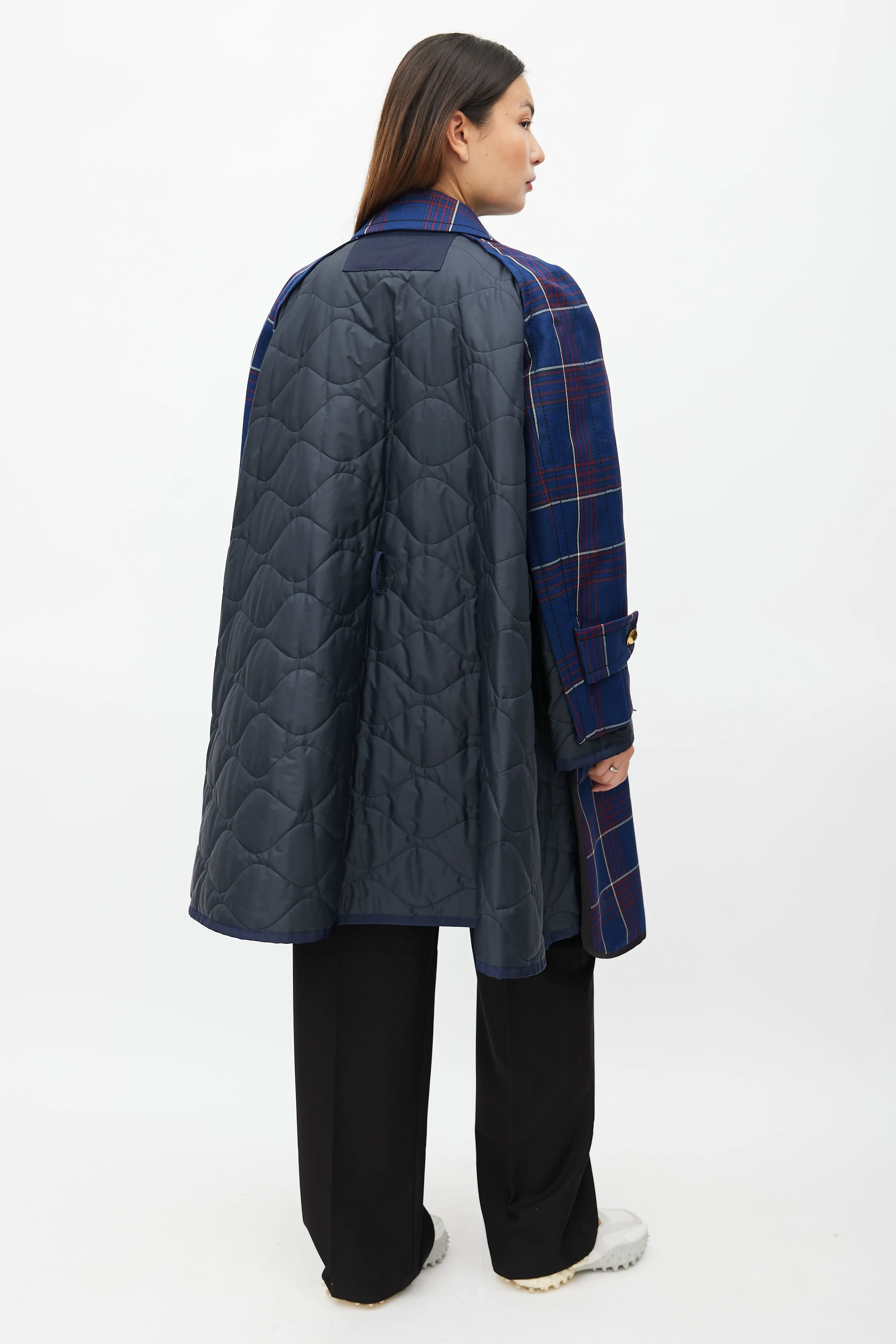 Fall 2018 Navy Plaid & Nylon Belted Coat