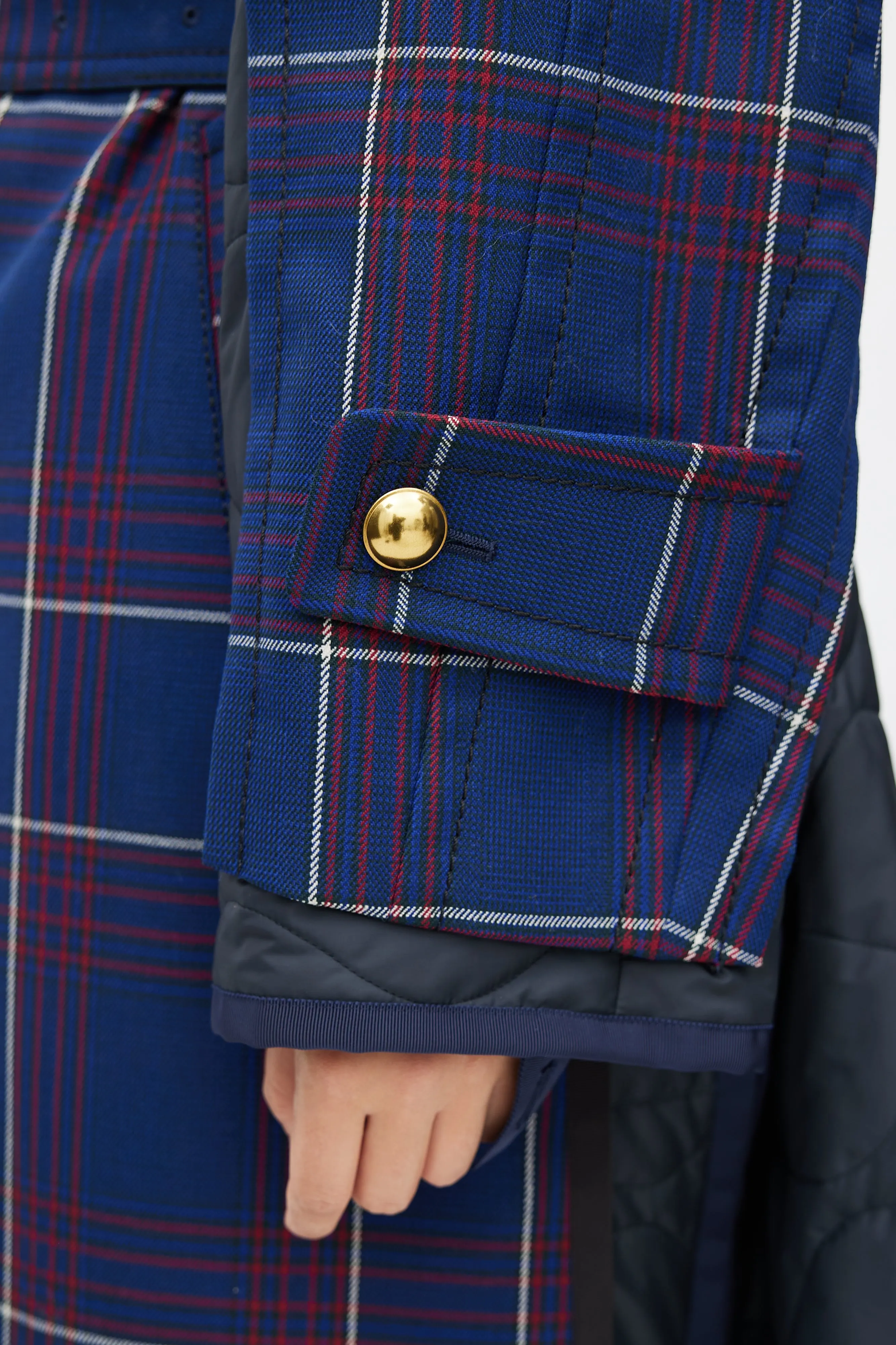 Fall 2018 Navy Plaid & Nylon Belted Coat