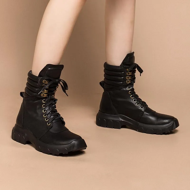 Fashion Cowhide Combat Boots Designer Retro Chunky Riding Boots Black