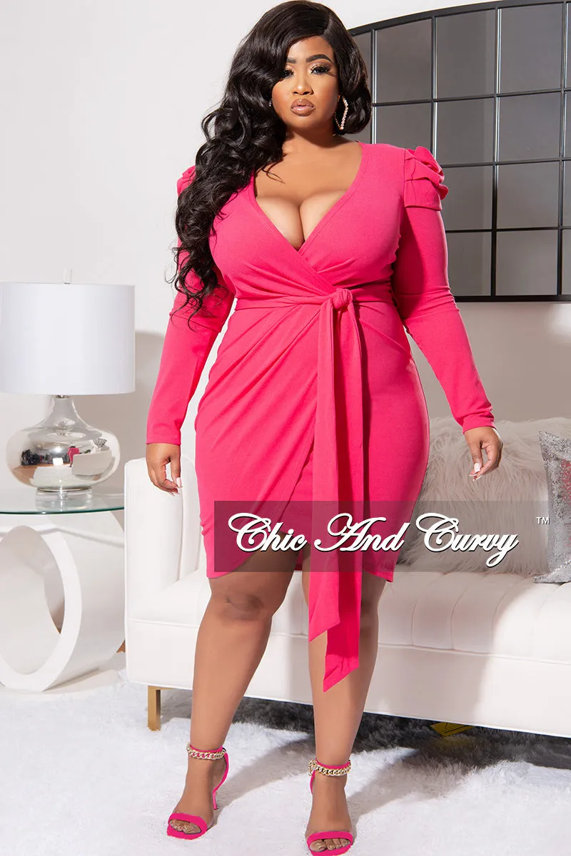 Final Sale Plus Size Padded Shoulder Wrap Midi Dress in Hot Pink